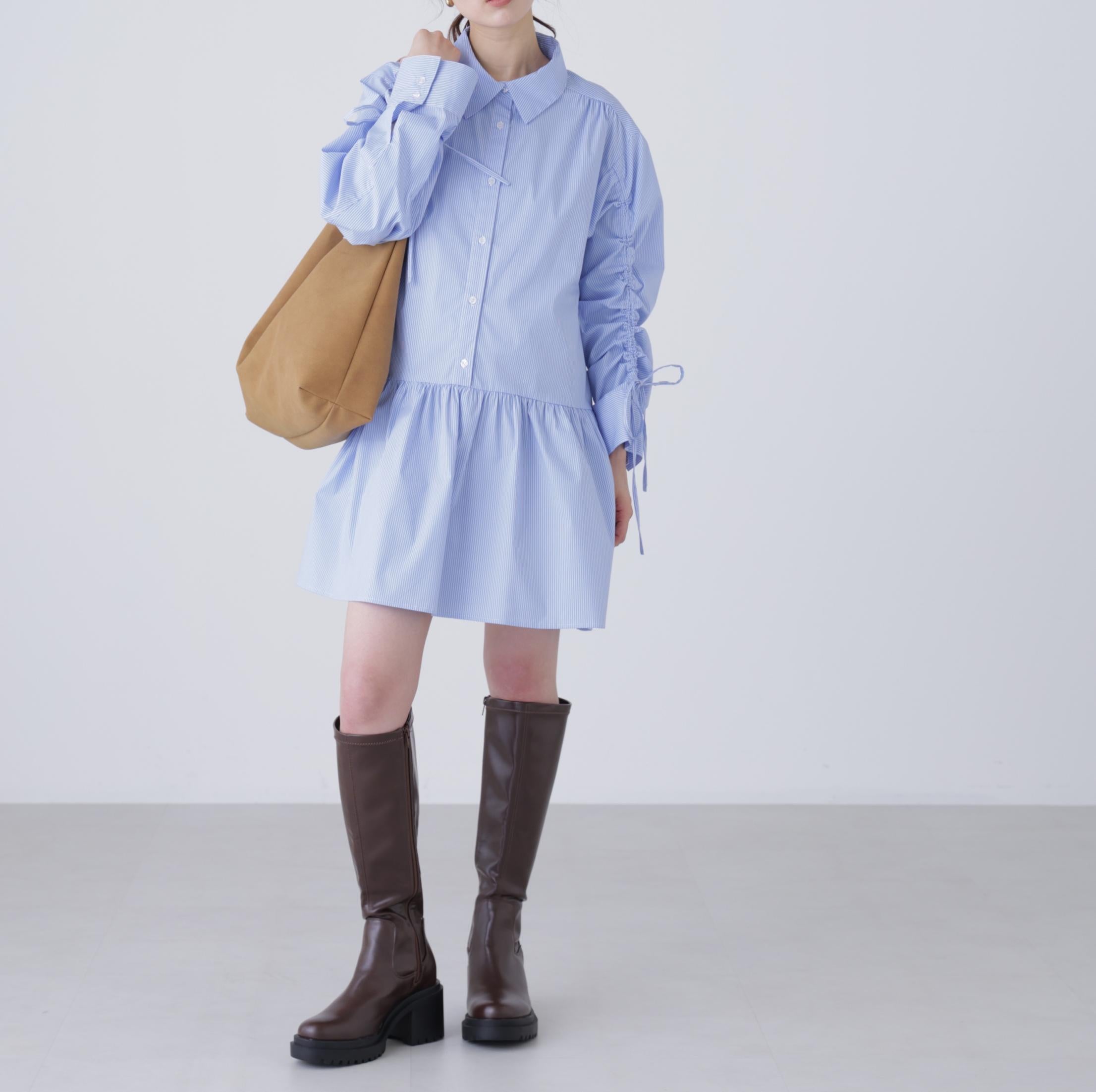 袖ドロストティアードシャツミニワンピース ブルーストライプ1