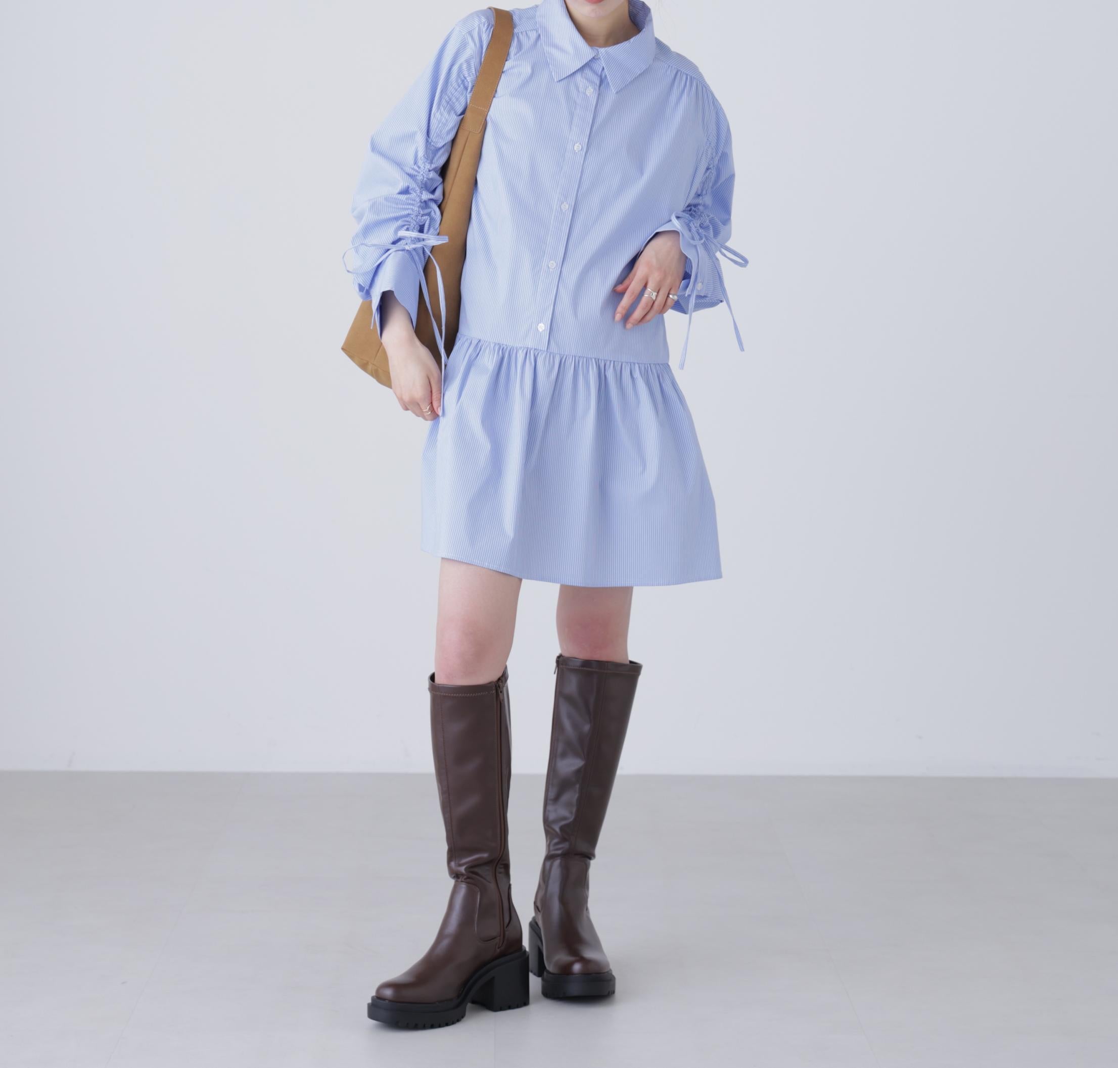 袖ドロストティアードシャツミニワンピース ブルーストライプ1