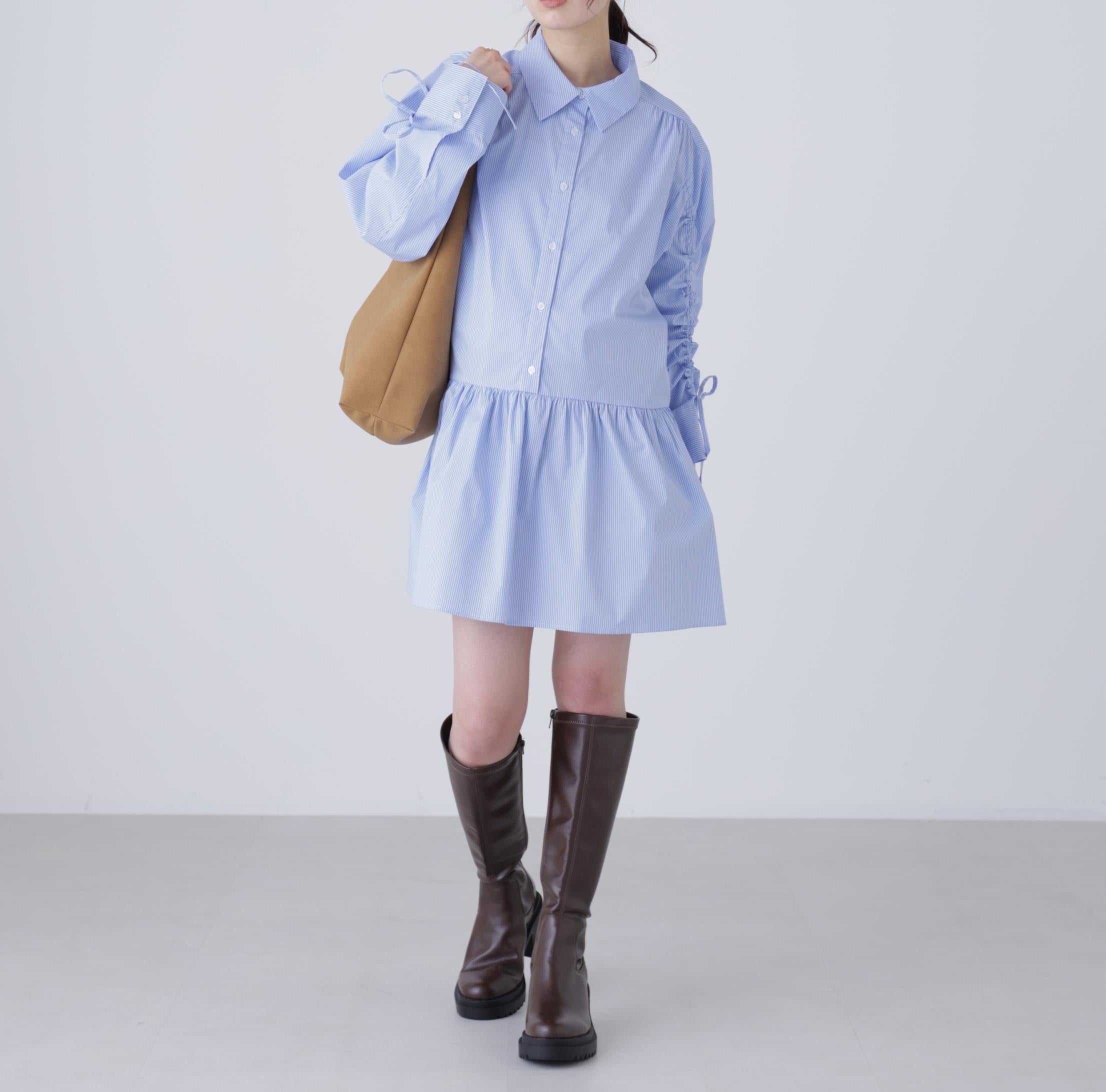 袖ドロストティアードシャツミニワンピース ブルーストライプ1