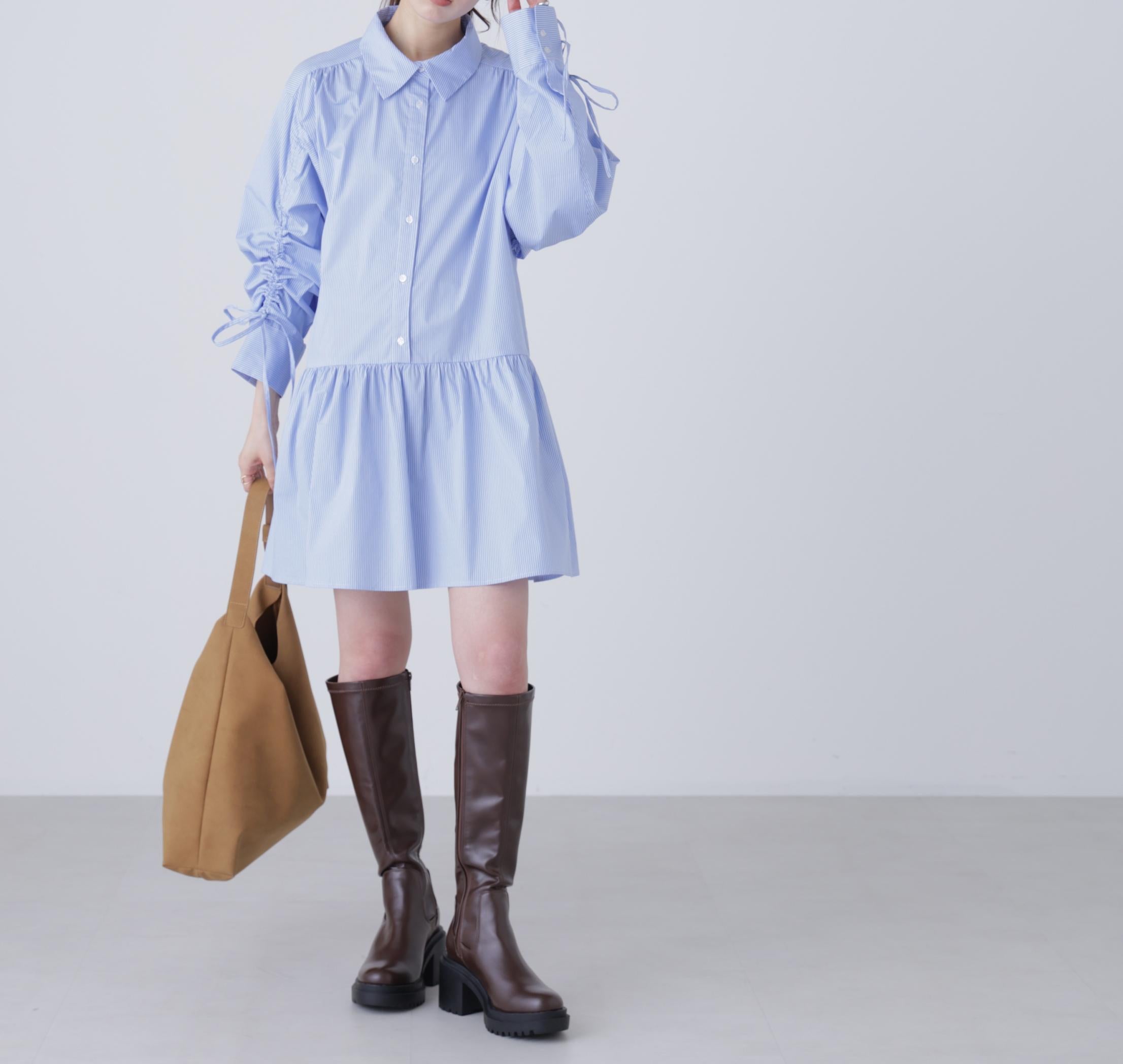 袖ドロストティアードシャツミニワンピース ブルーストライプ1