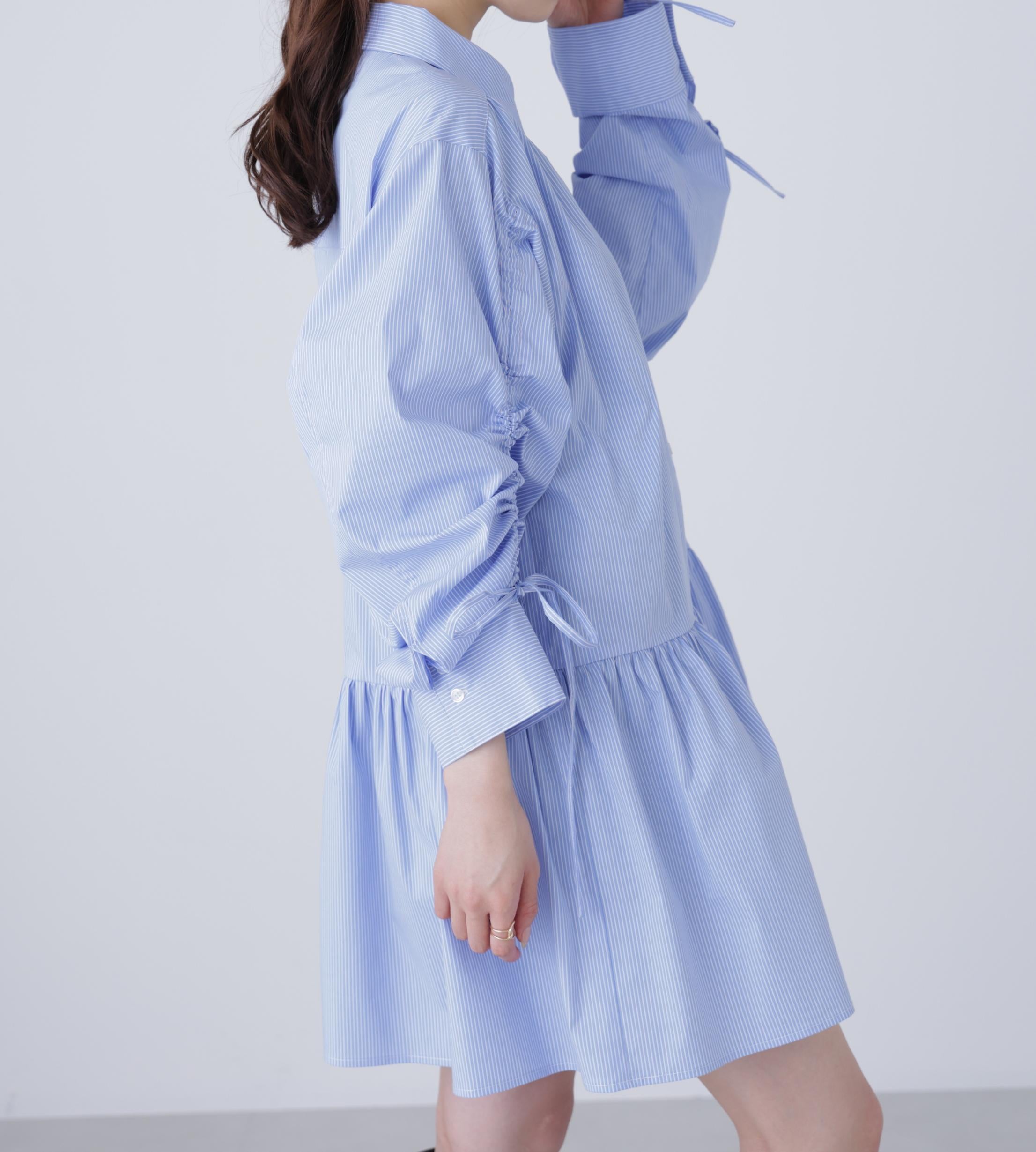 袖ドロストティアードシャツミニワンピース ブルーストライプ1