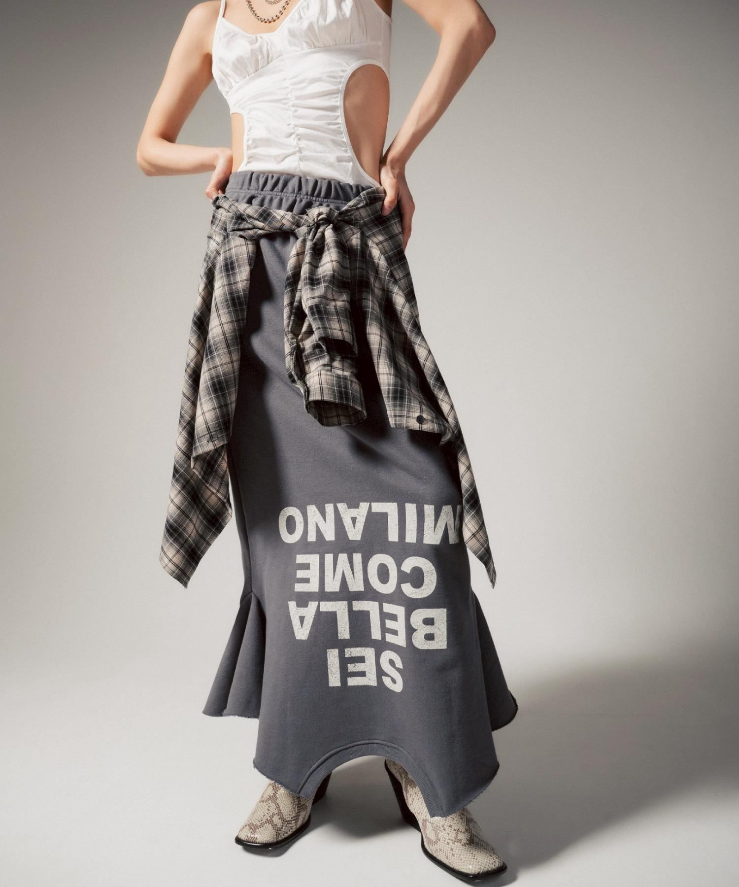 MITSUKI/ミツキ/ロゴ入りリメイク風スカート グレー