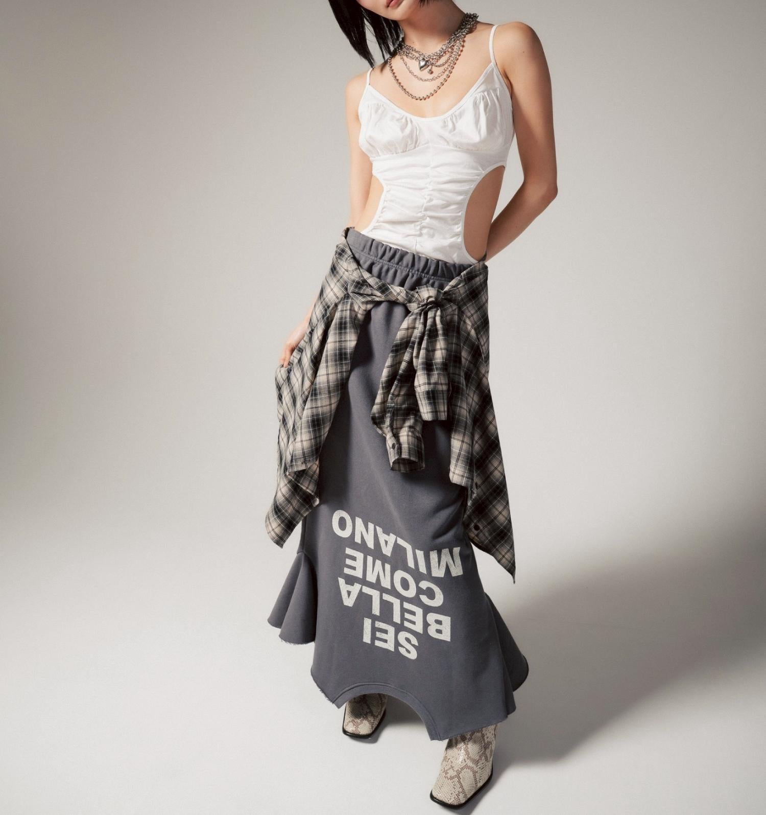 MITSUKI/ミツキ/ロゴ入りリメイク風スカート グレー
