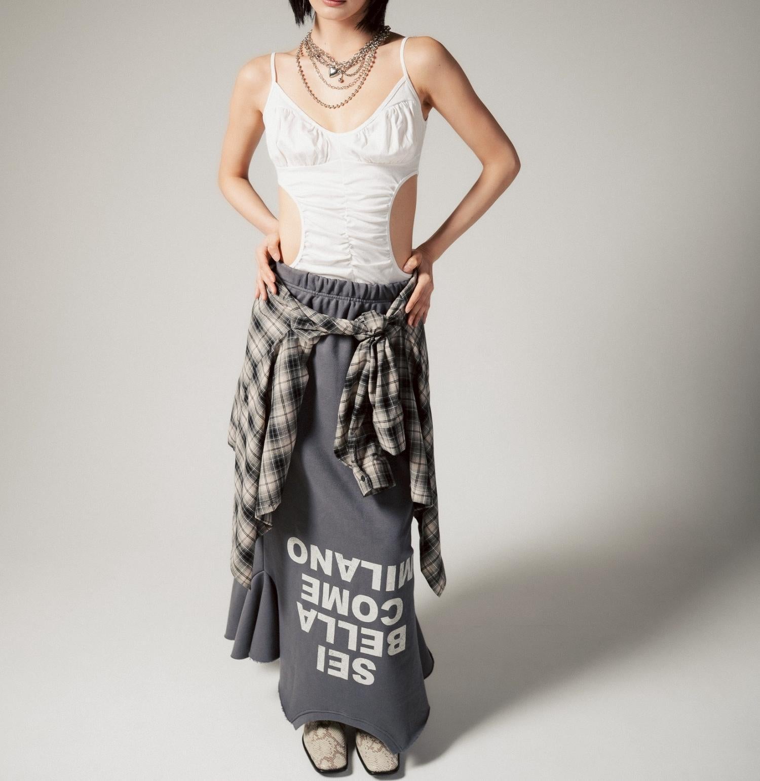 MITSUKI/ミツキ/ロゴ入りリメイク風スカート グレー