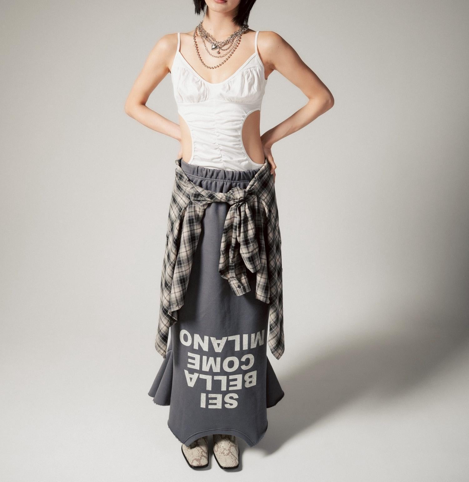 MITSUKI/ミツキ/ロゴ入りリメイク風スカート グレー