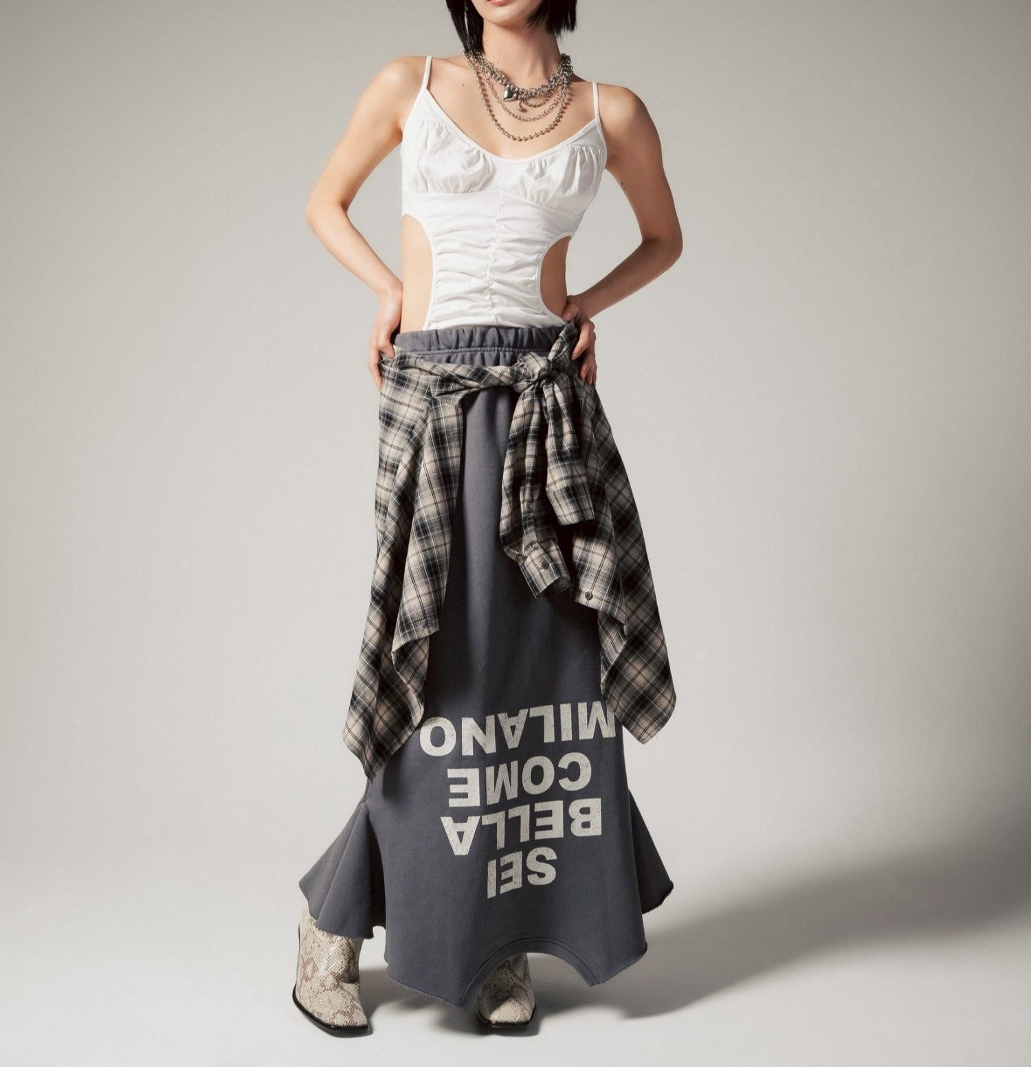 MITSUKI/ミツキ/ロゴ入りリメイク風スカート グレー