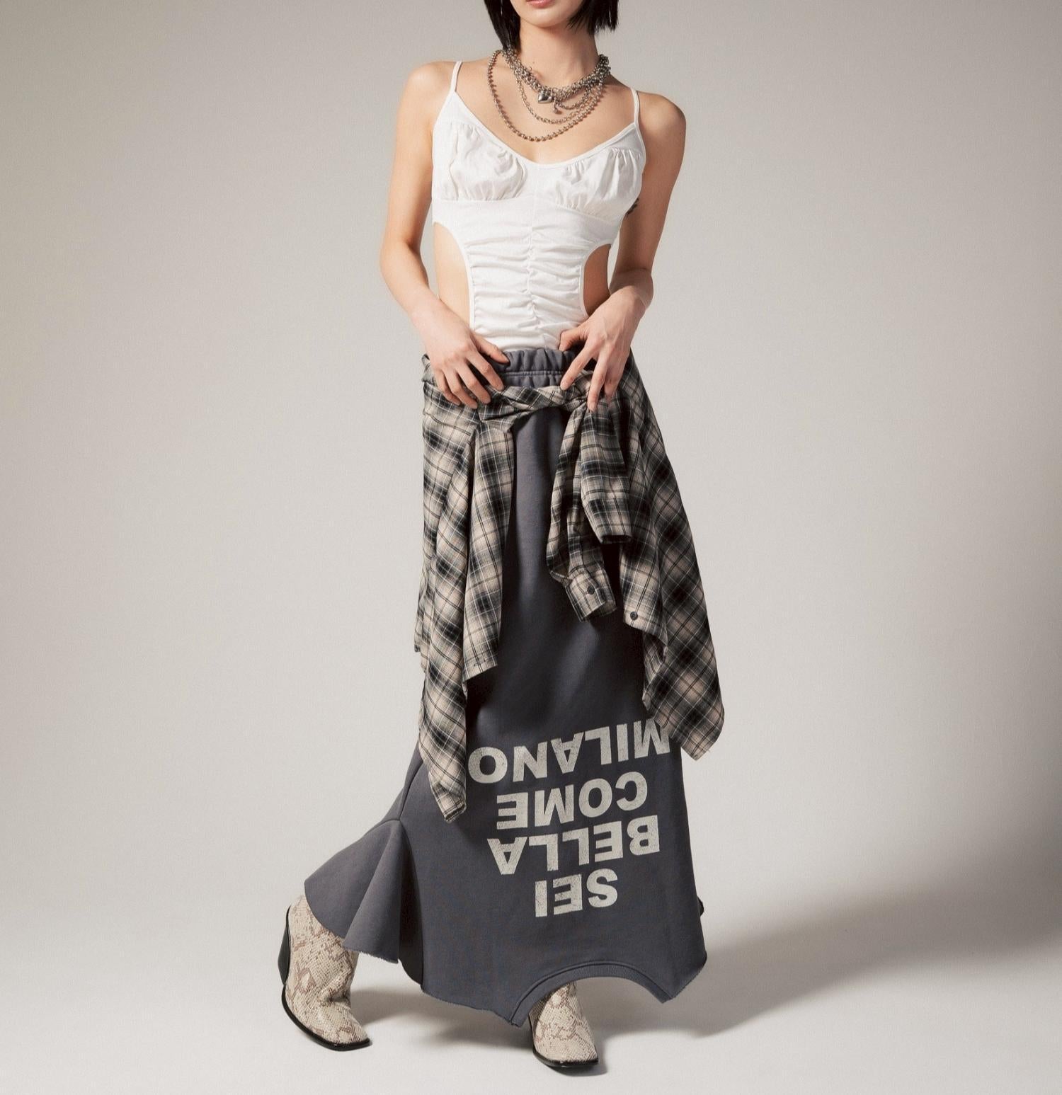 MITSUKI/ミツキ/ロゴ入りリメイク風スカート グレー