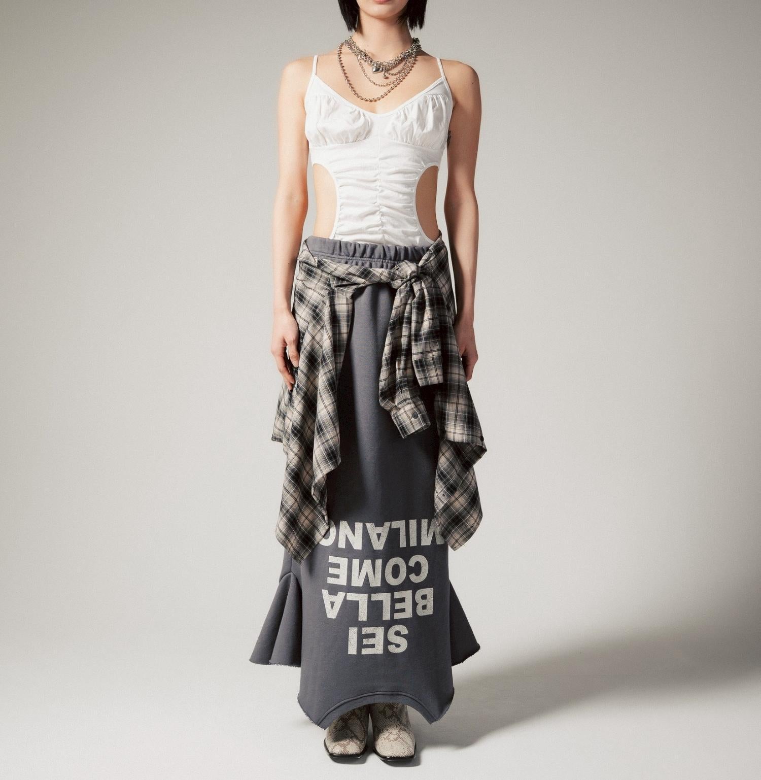 MITSUKI/ミツキ/ロゴ入りリメイク風スカート グレー