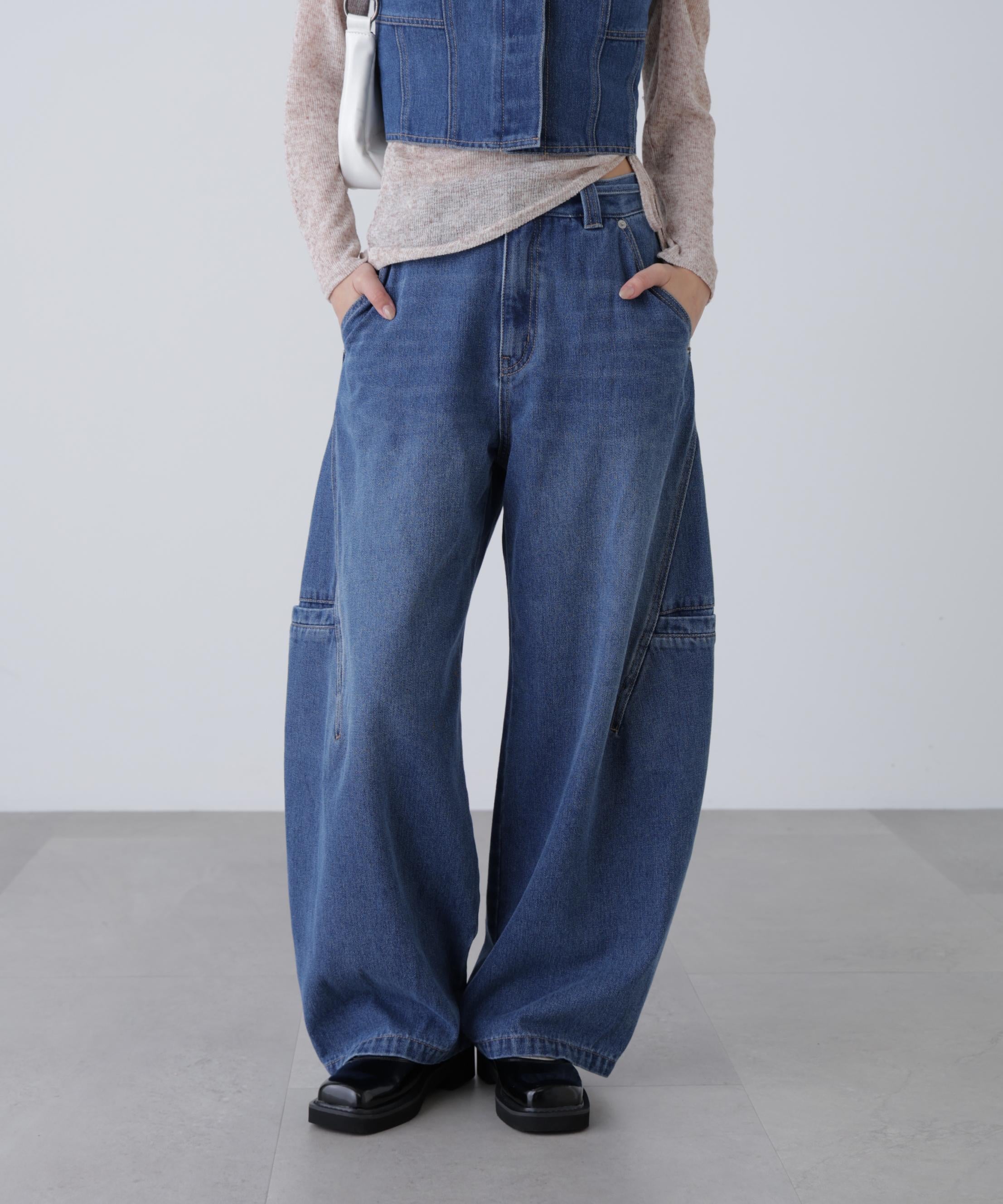 サイドポケットコクーンデニムパンツ ライトインディゴオーバーダイ1