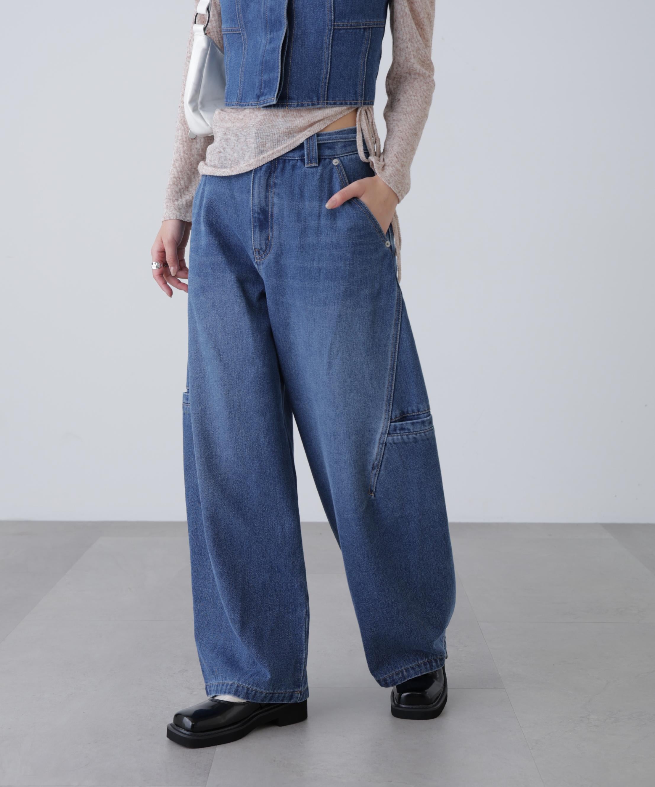 サイドポケットコクーンデニムパンツ ライトインディゴオーバーダイ1