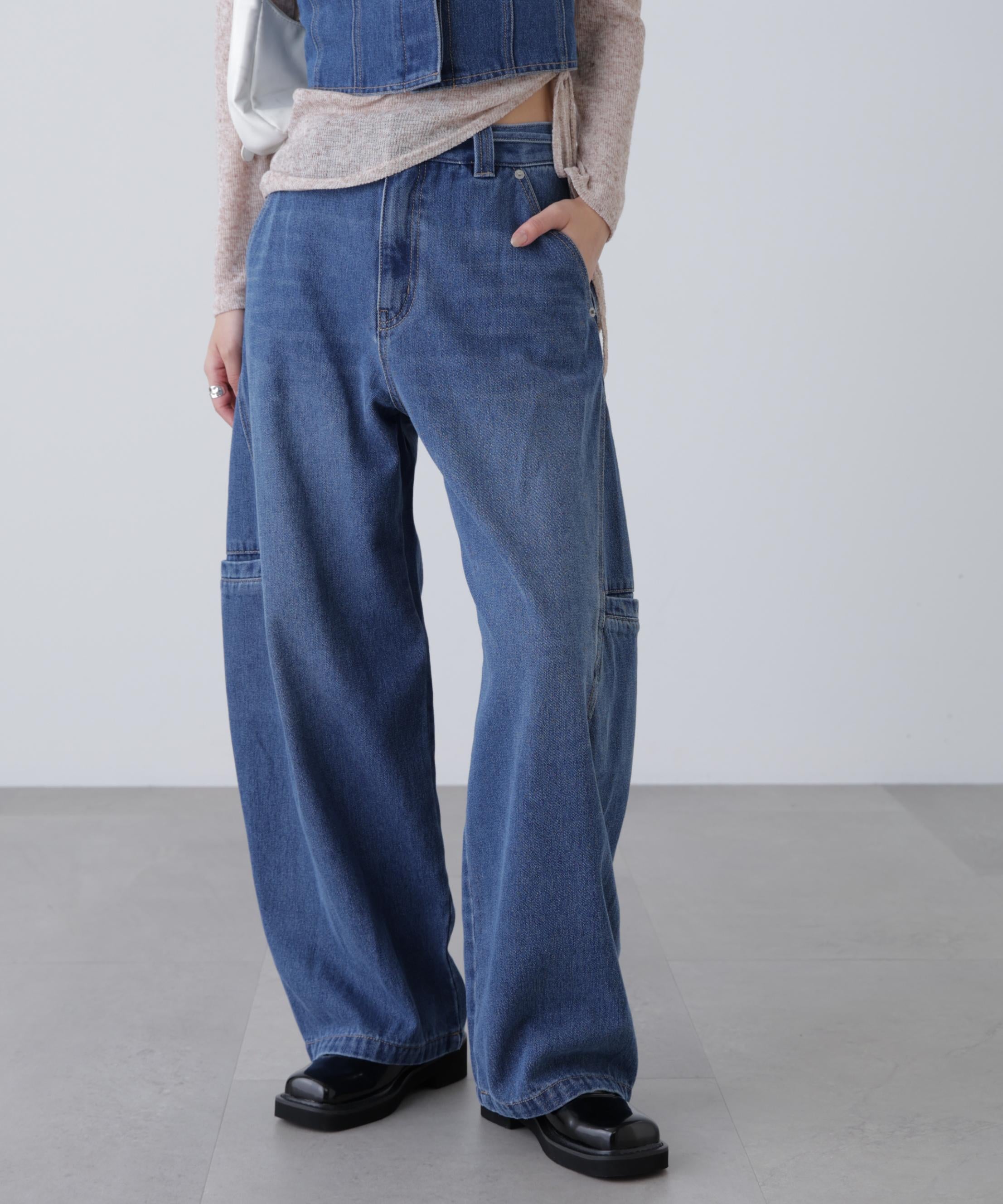 サイドポケットコクーンデニムパンツ ライトインディゴオーバーダイ1