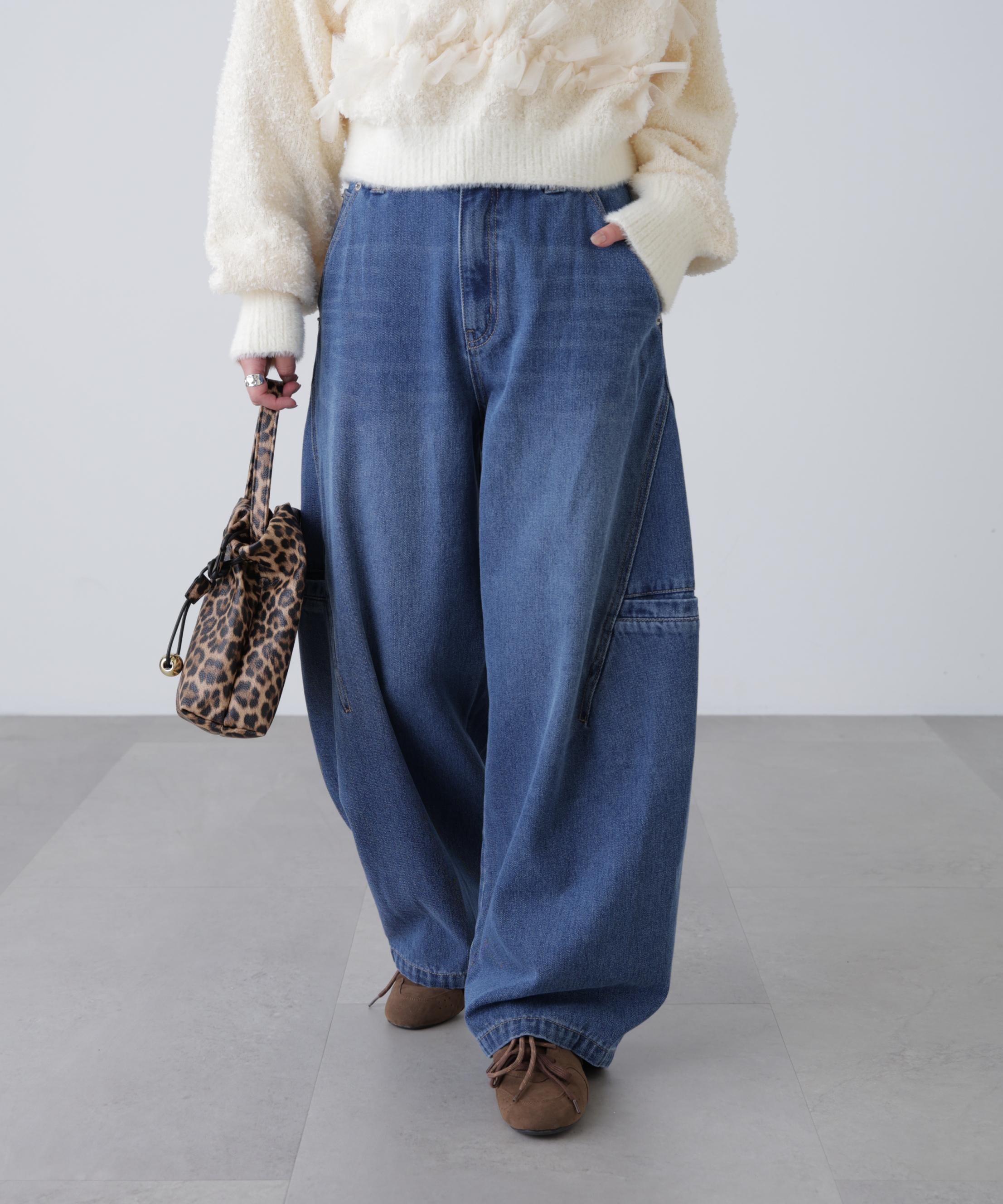 サイドポケットコクーンデニムパンツ ライトインディゴオーバーダイ1