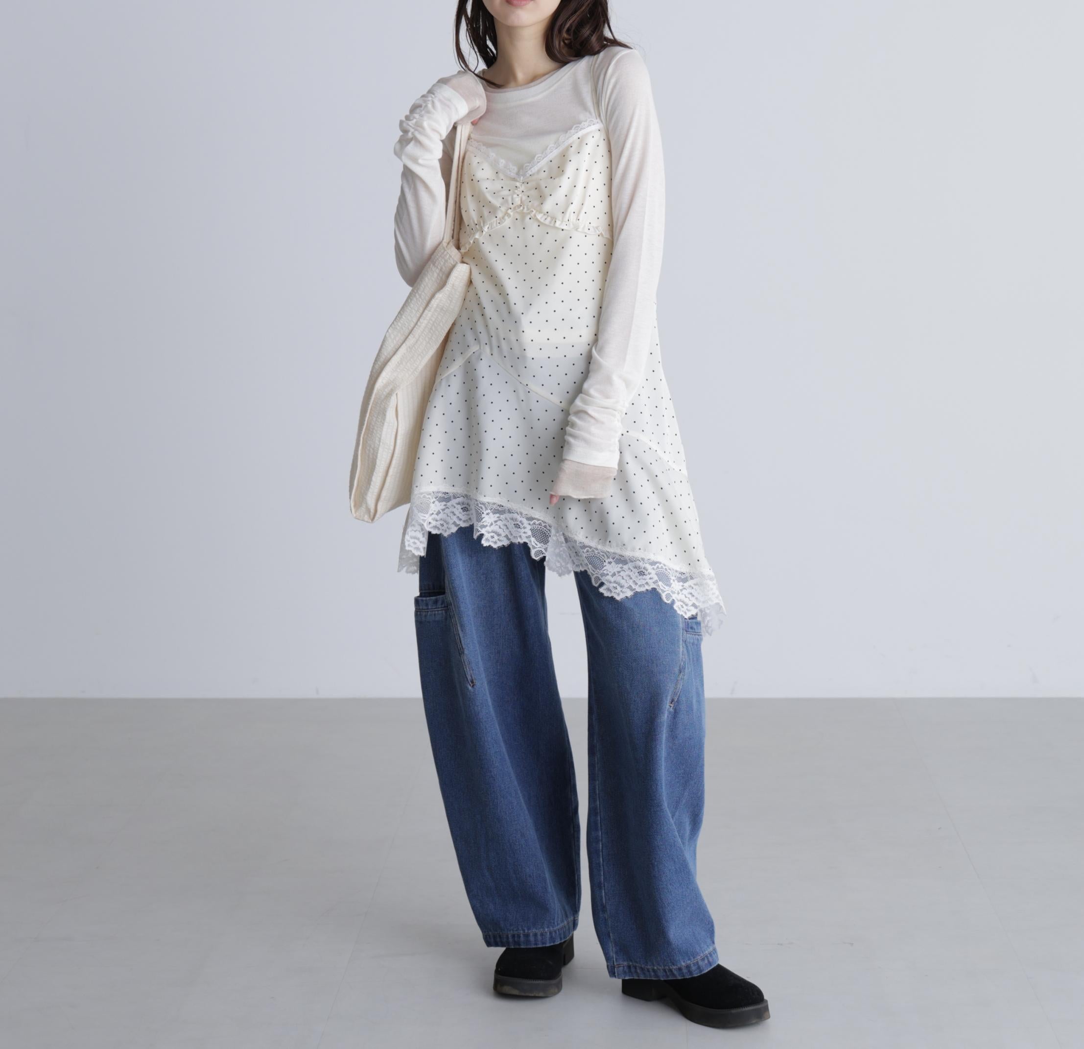 サイドポケットコクーンデニムパンツ ライトインディゴオーバーダイ1