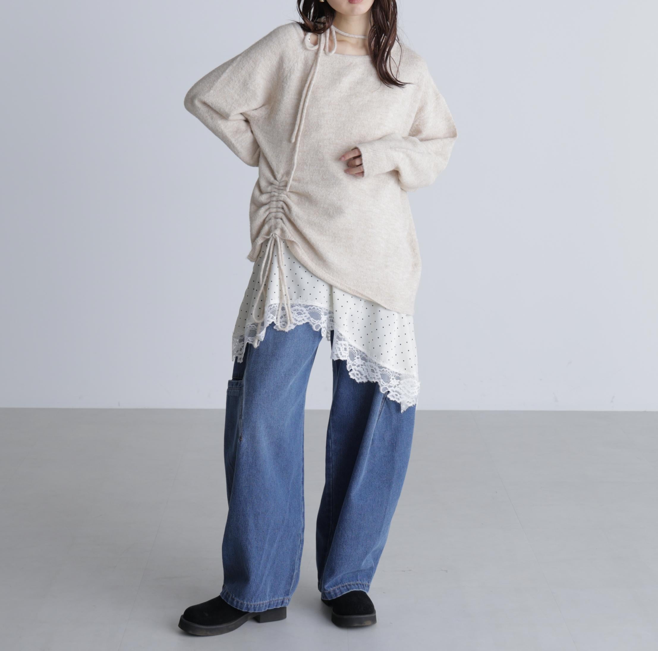 サイドポケットコクーンデニムパンツ ライトインディゴオーバーダイ1