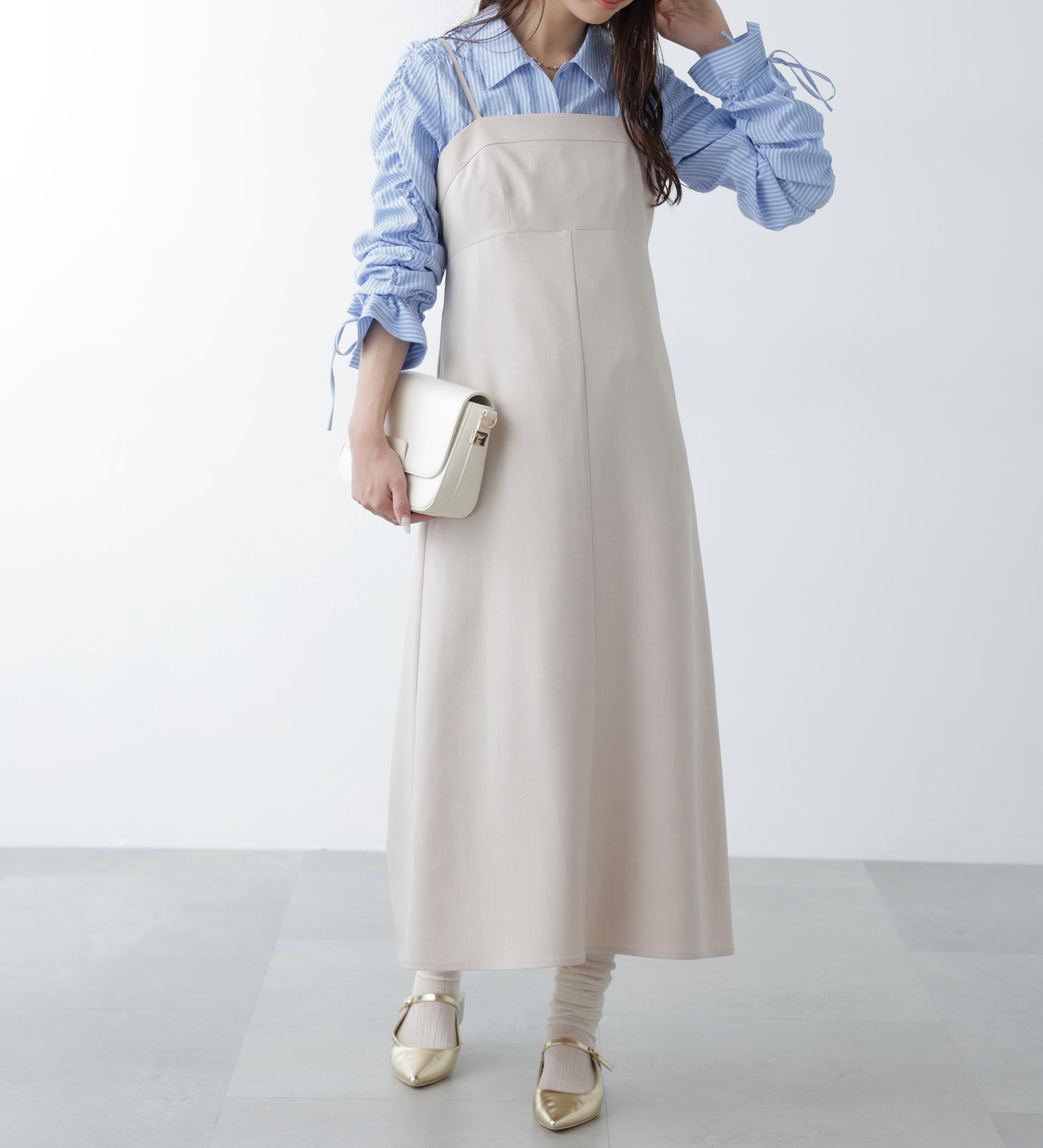 梳毛調合繊ステッチナローキャミワンピース ライトベージュ