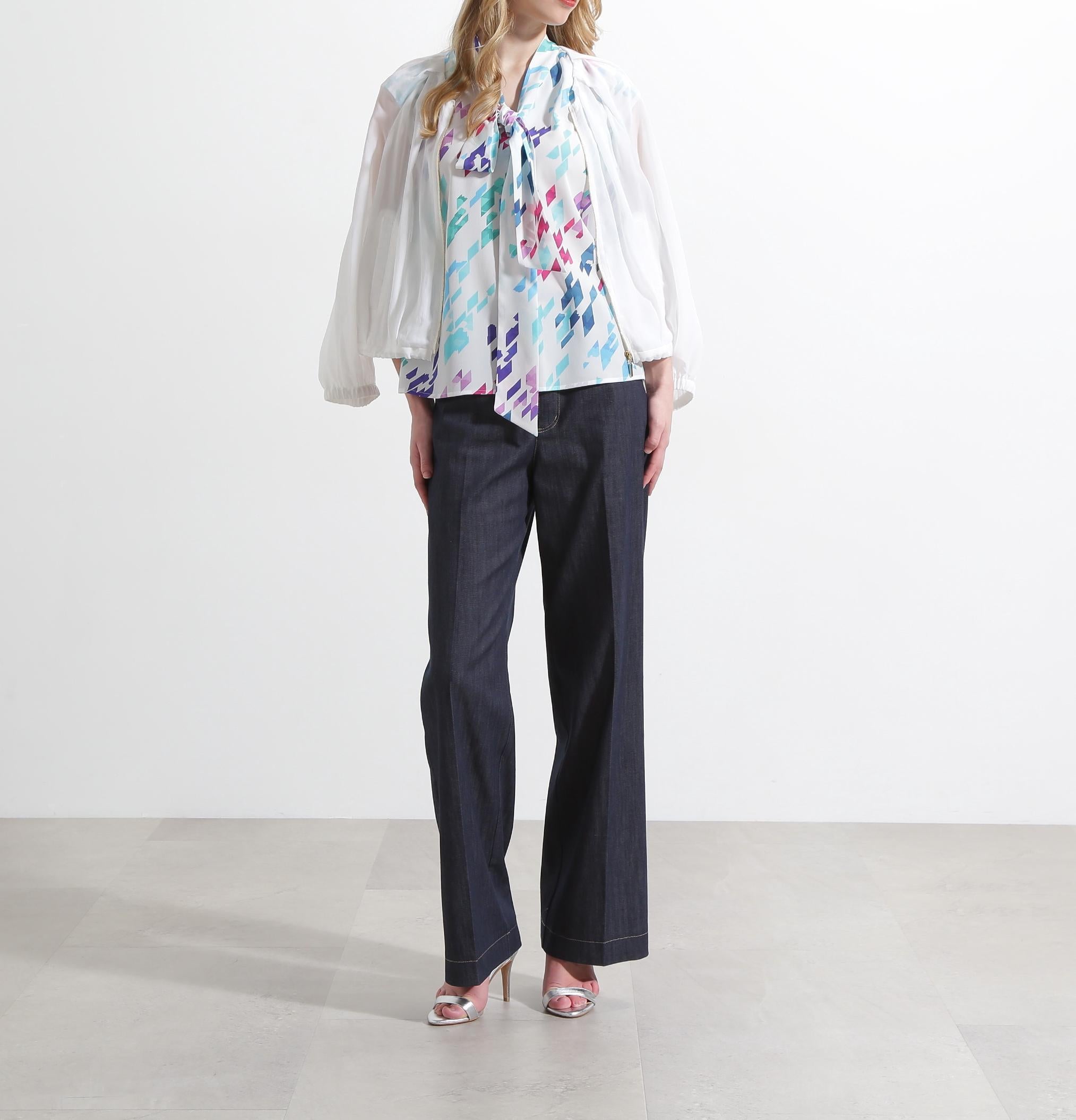 ◆カラーハウンドトゥースプリントリボンブラウス ホワイト1