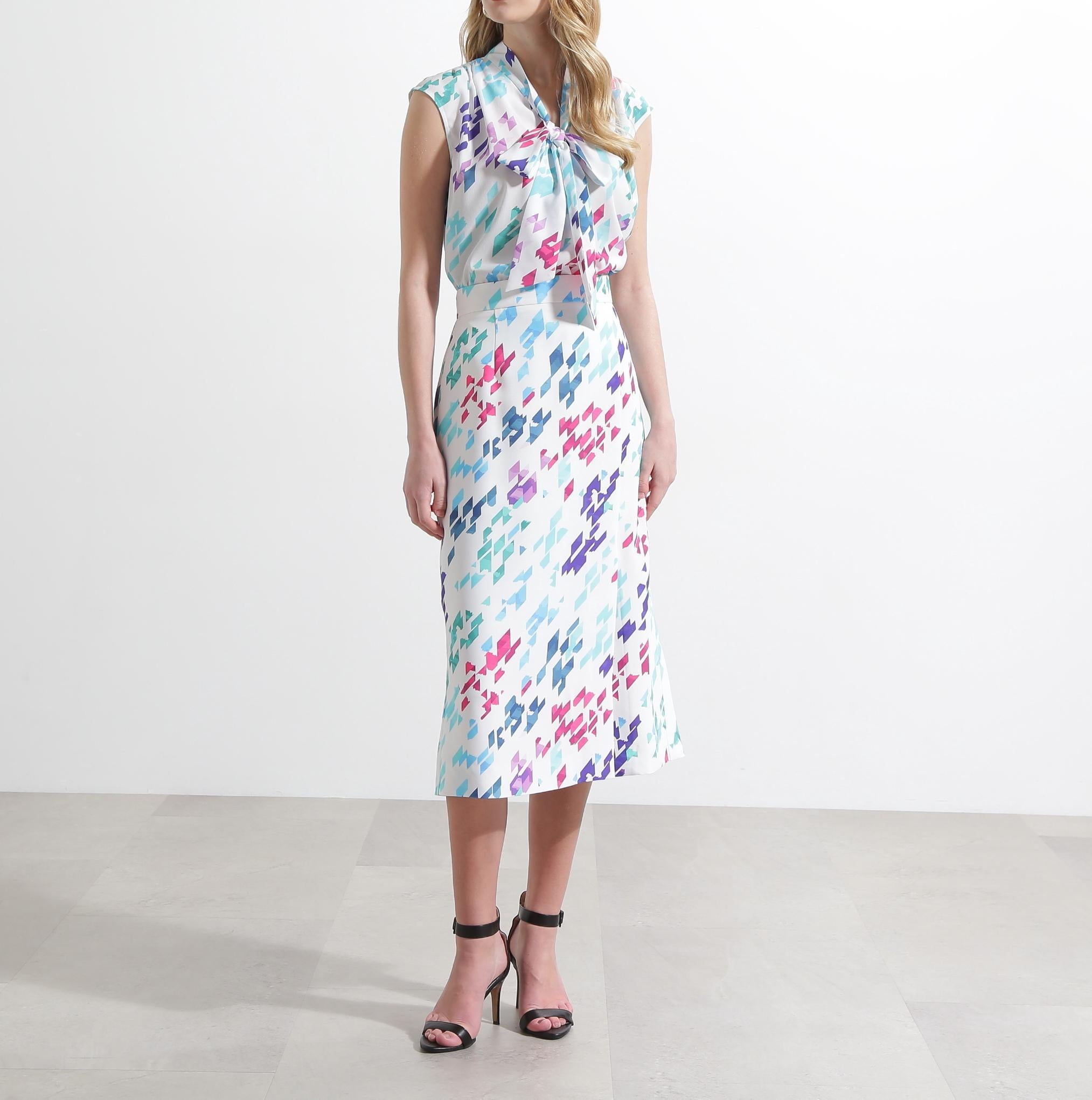 ◆カラーハウンドトゥースプリントリボンブラウス ホワイト1