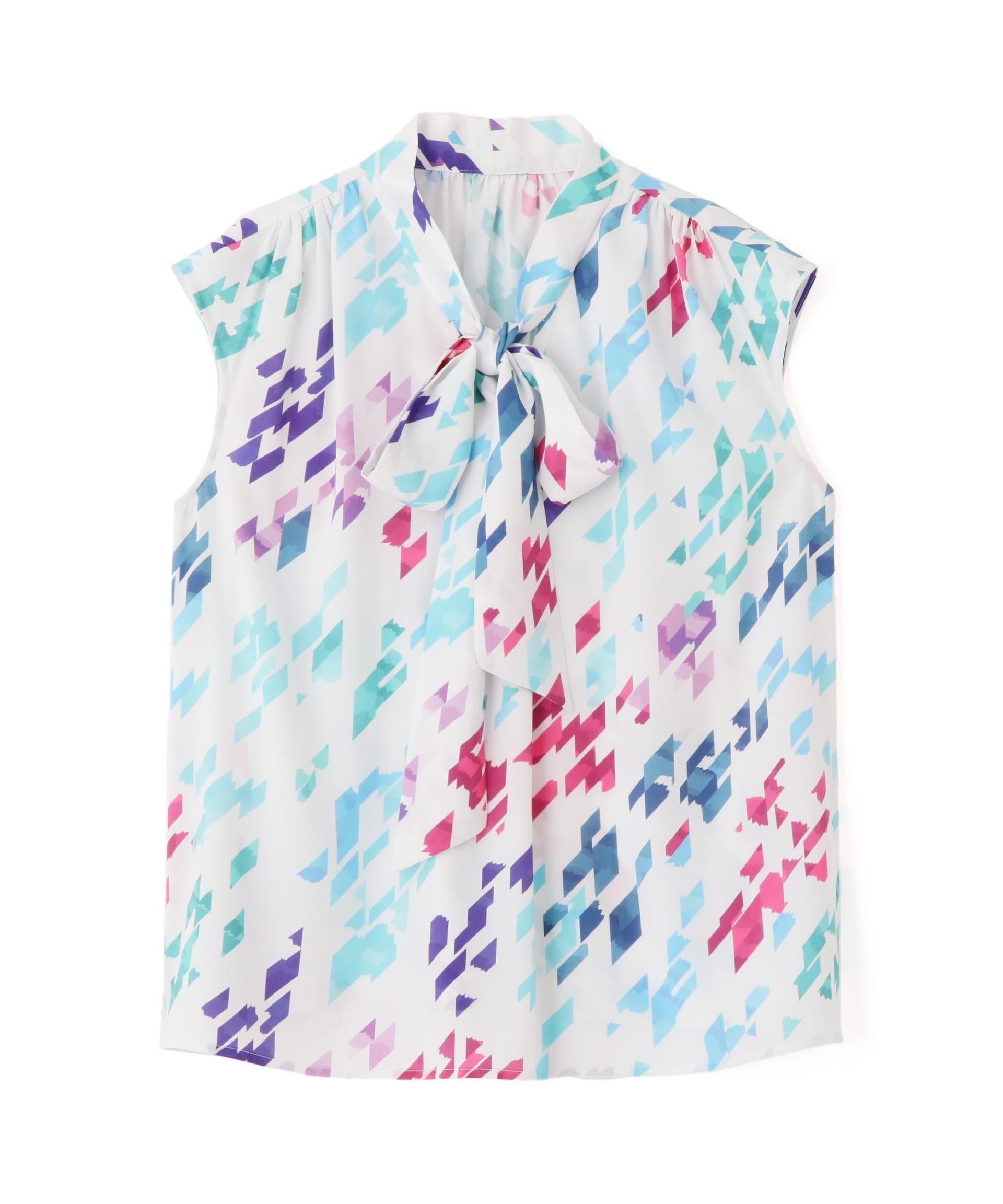 ◆カラーハウンドトゥースプリントリボンブラウス ホワイト1