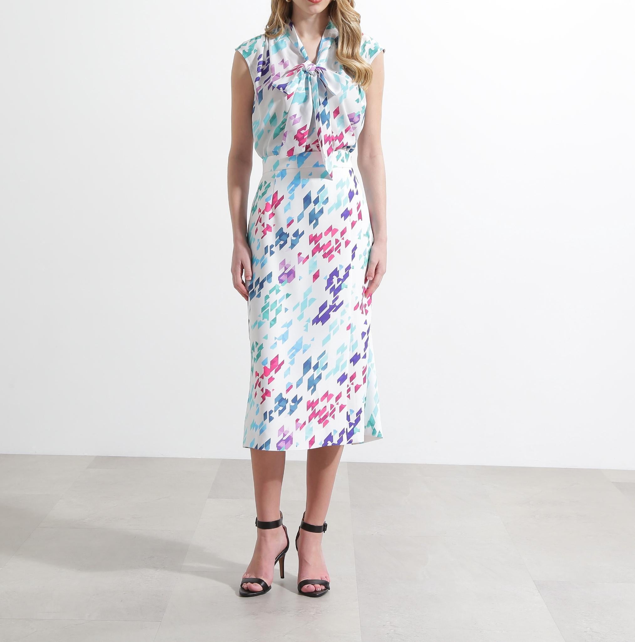 ◆カラーハウンドトゥースプリントリボンブラウス ホワイト1