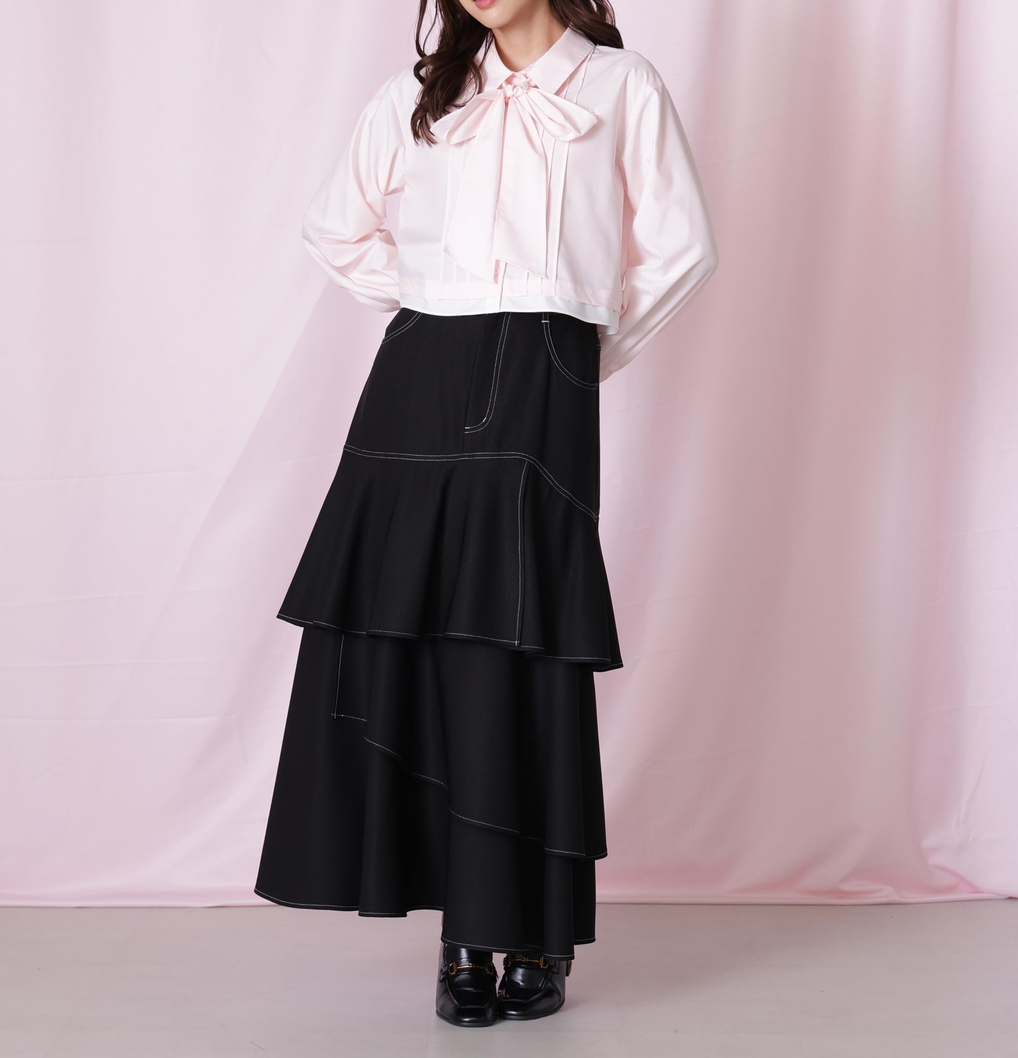 ヘムレイヤードクロップドシャツ ピンク