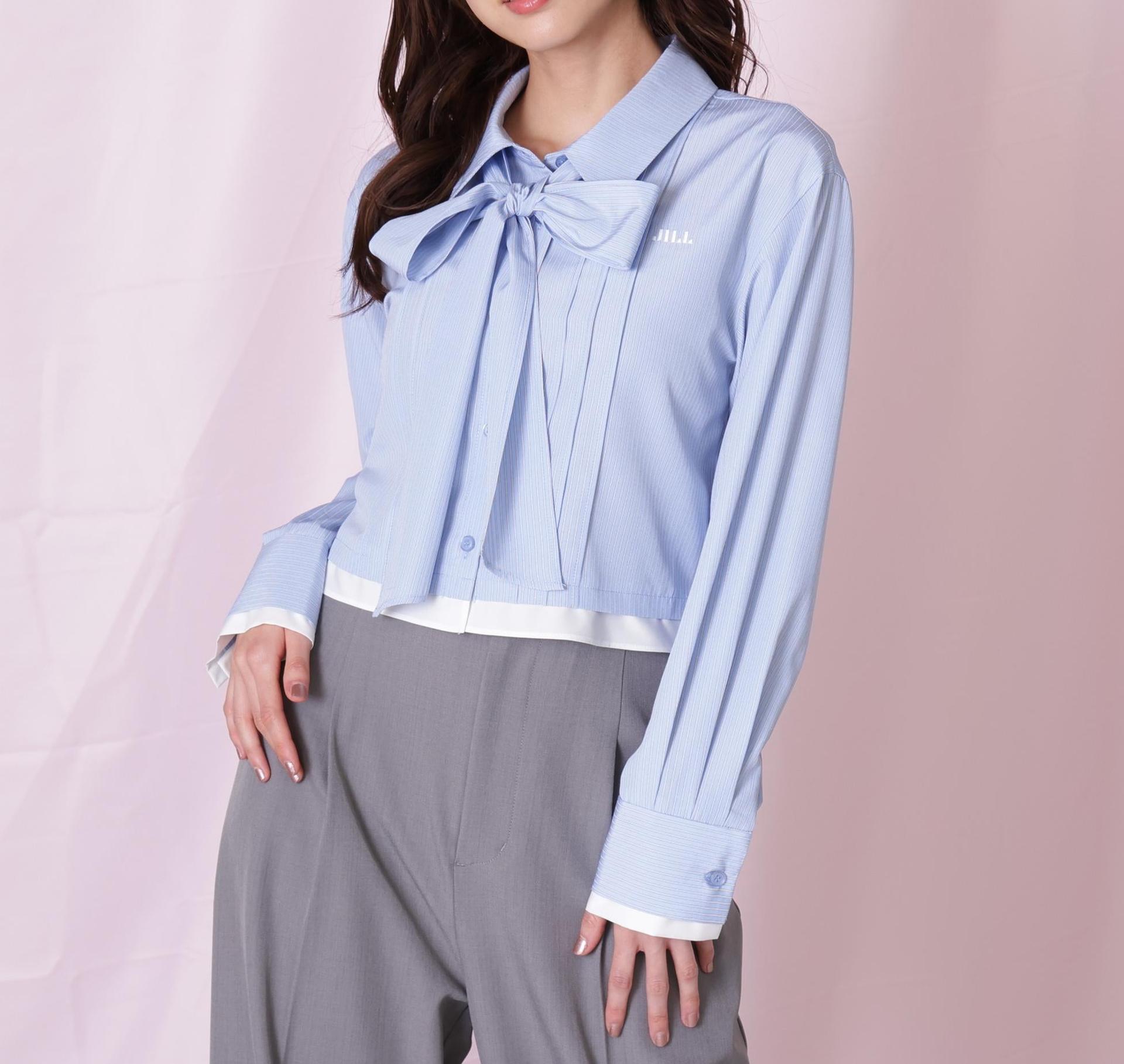 ヘムレイヤードクロップドシャツ ブルーストライプ1