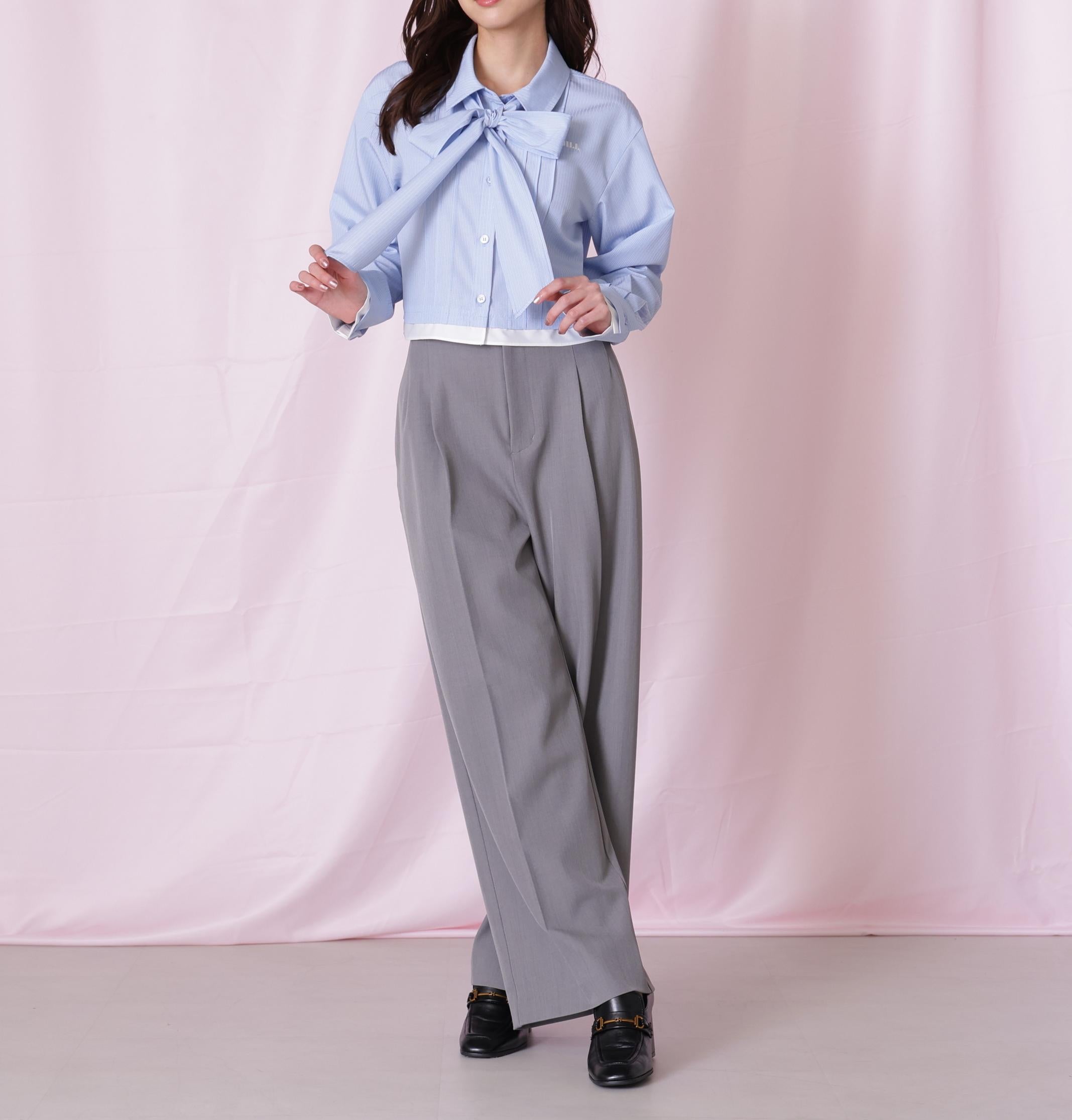 ヘムレイヤードクロップドシャツ ブルーストライプ1