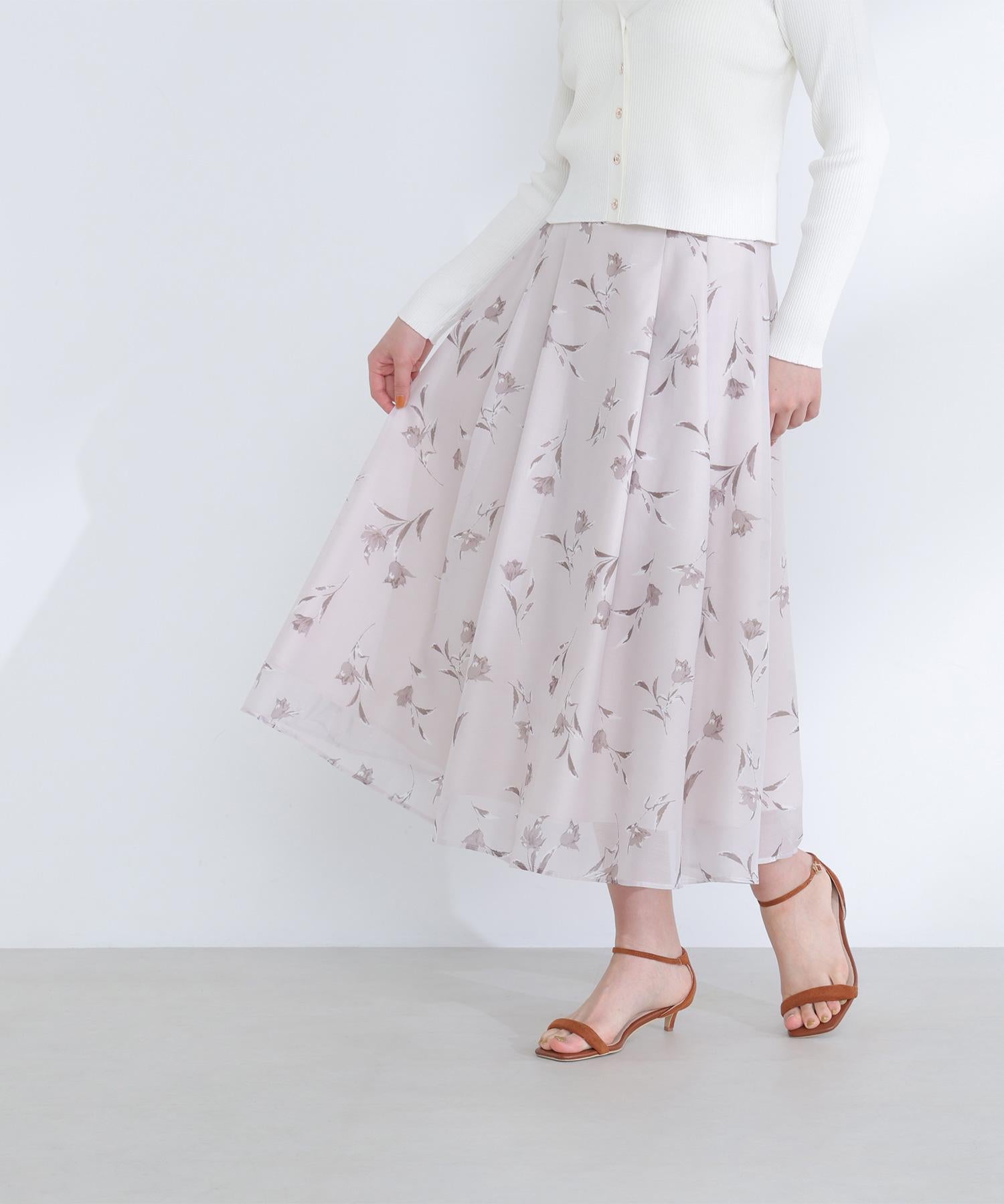 フラワープリントフレアスカート ベージュベース2