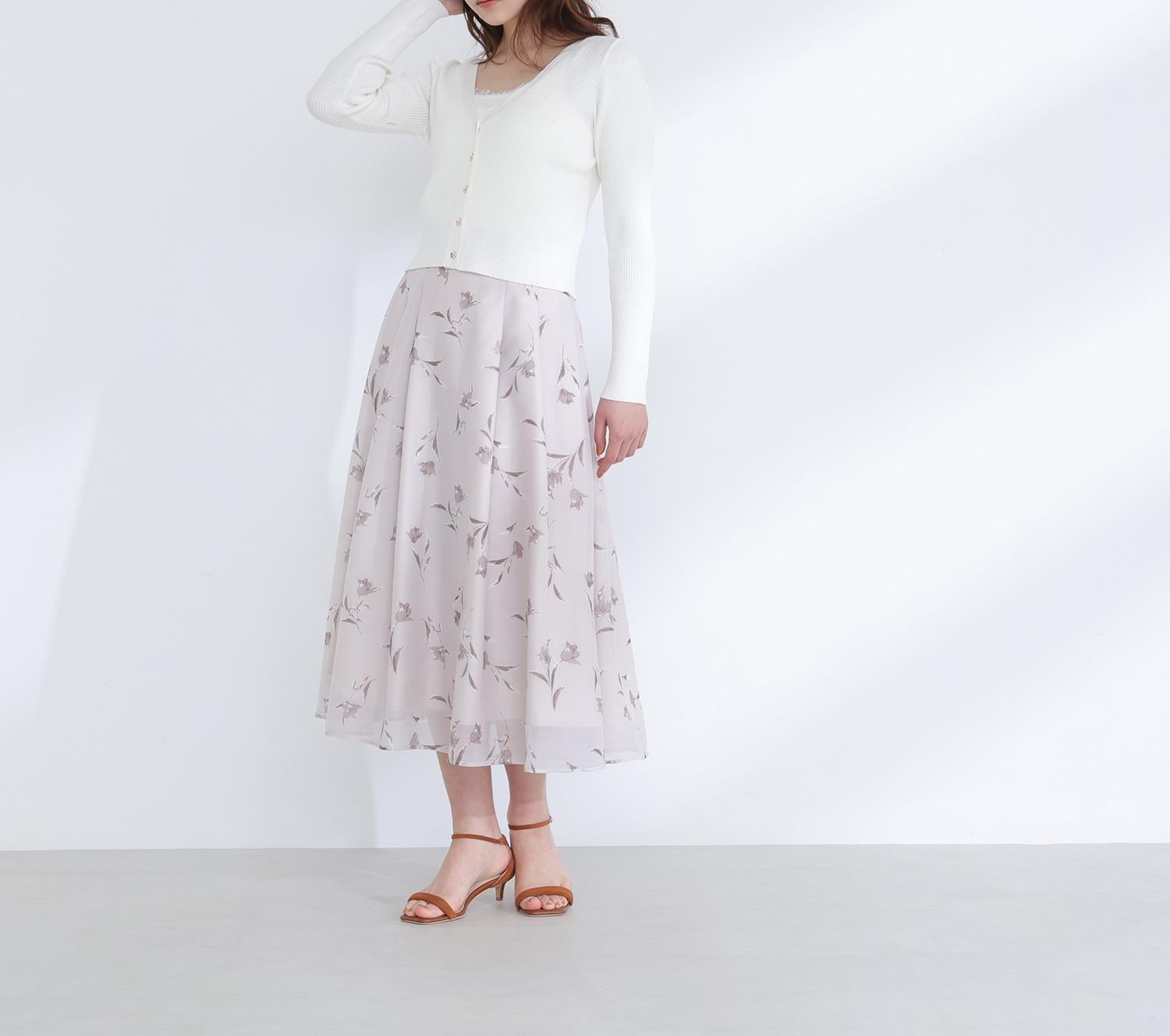 フラワープリントフレアスカート ベージュベース2