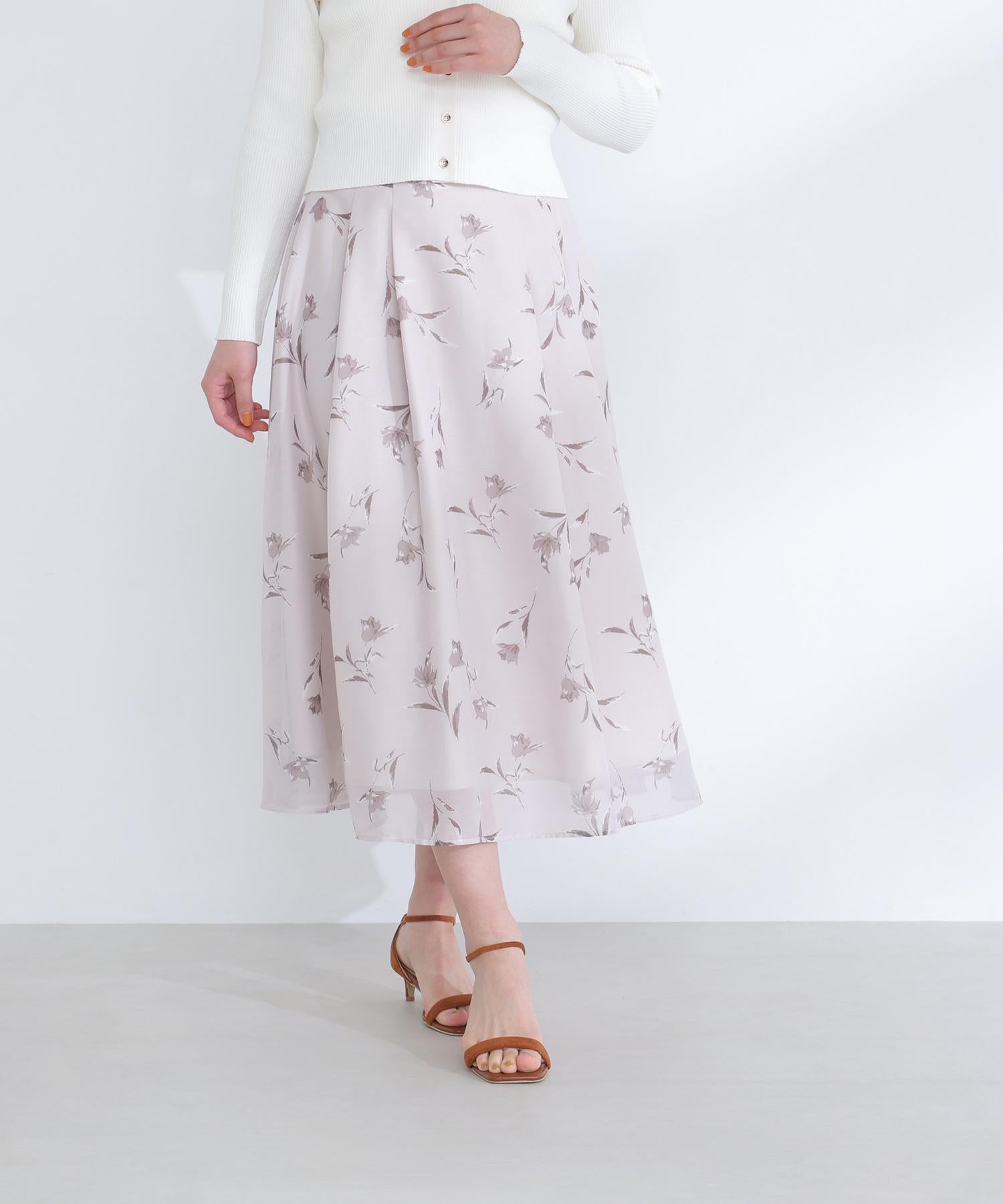 フラワープリントフレアスカート ベージュベース2