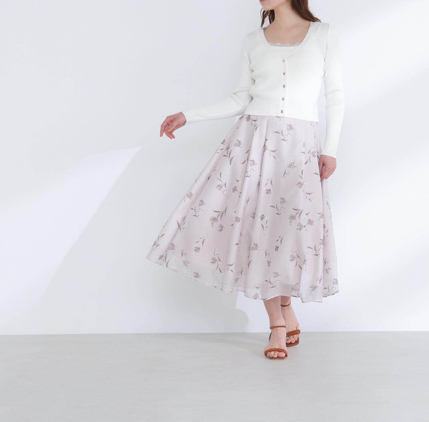 フラワープリントフレアスカート ベージュベース2