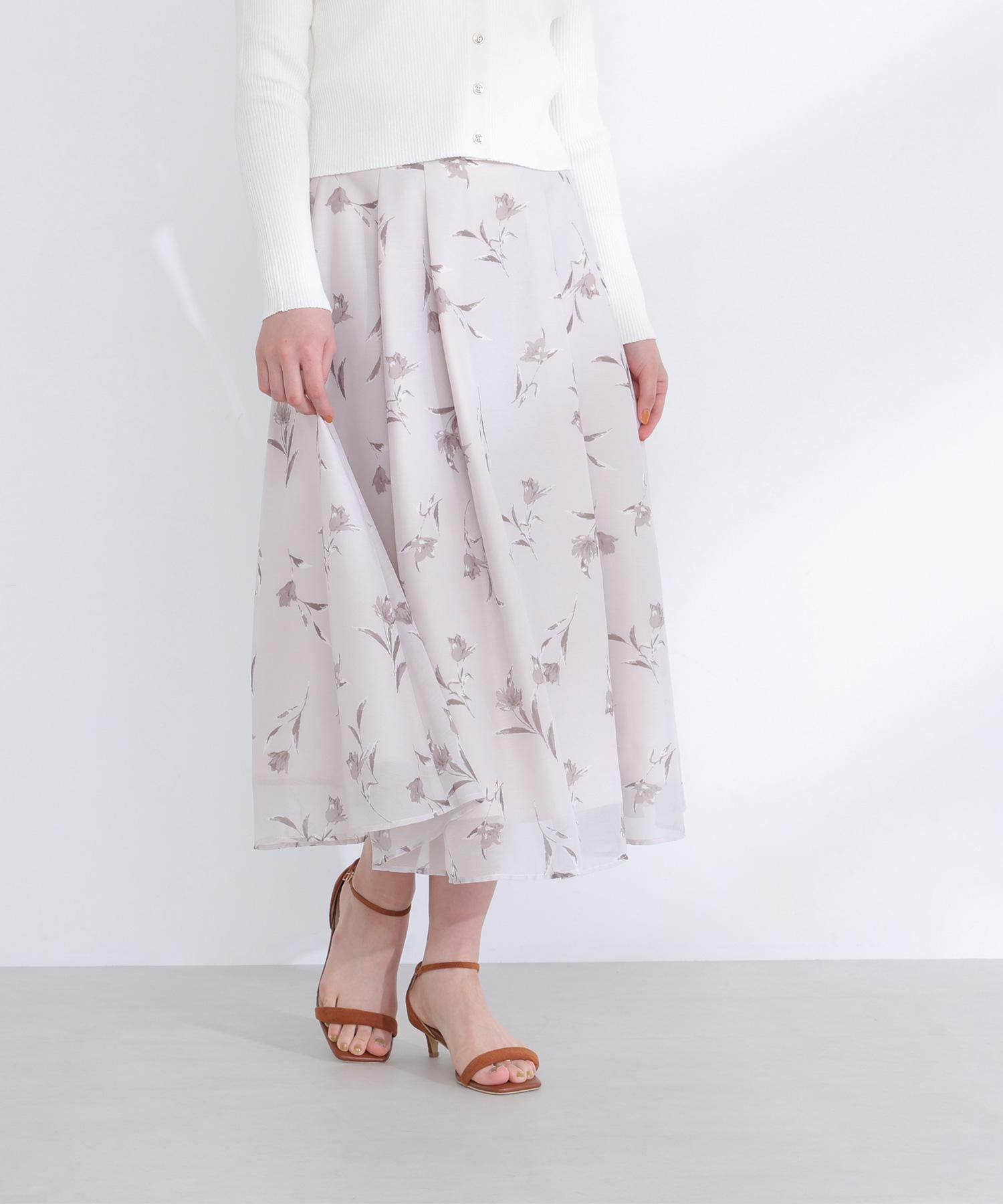 フラワープリントフレアスカート ベージュベース2