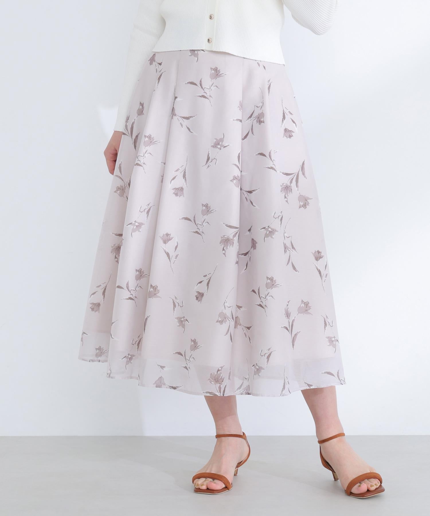フラワープリントフレアスカート ベージュベース2