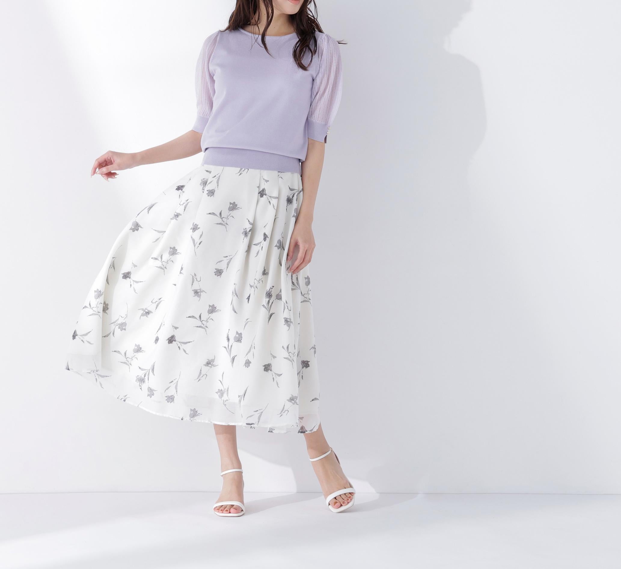 フラワープリントフレアスカート ベージュベース2