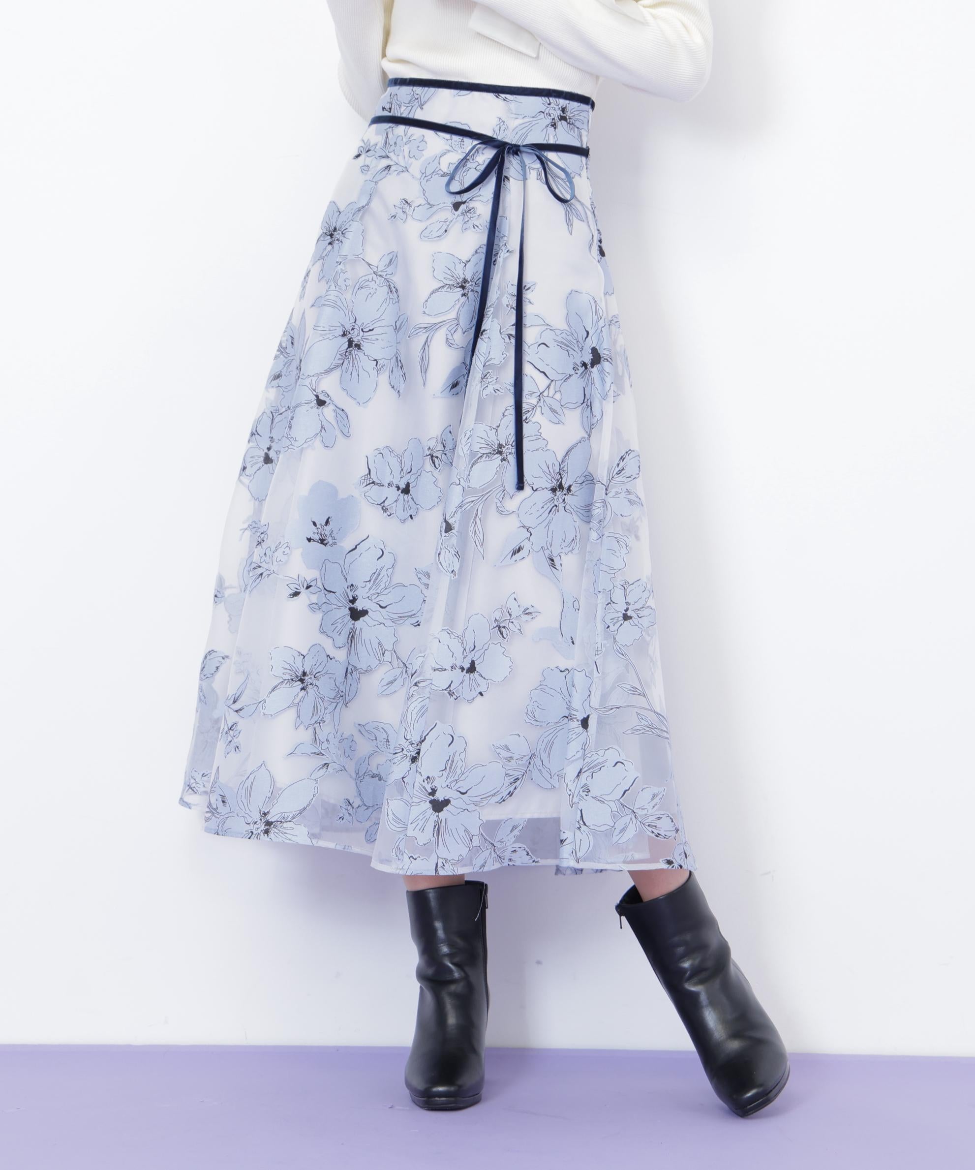ベロアリボンオパールフラワースカート ブルー