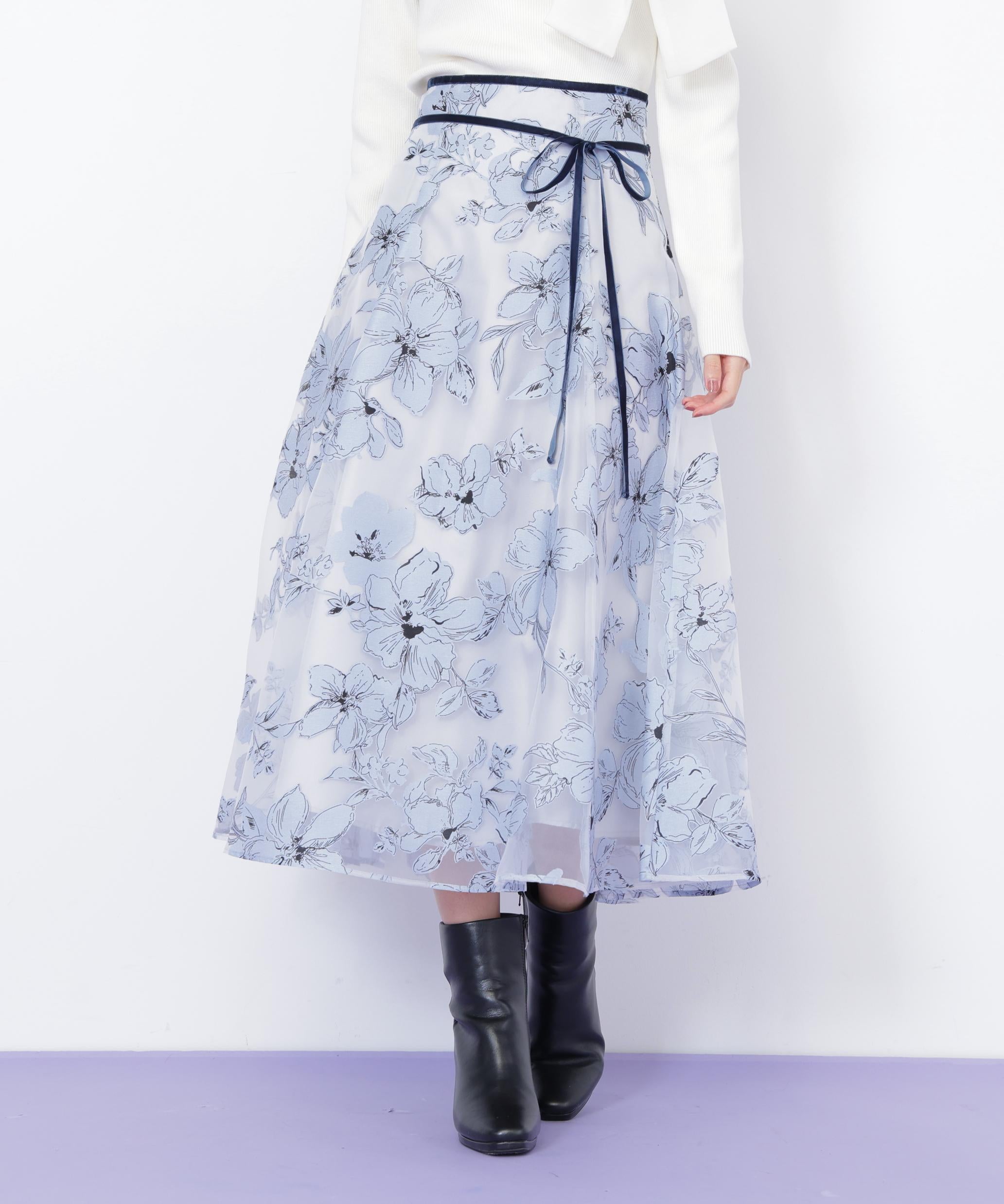 ベロアリボンオパールフラワースカート ブルー