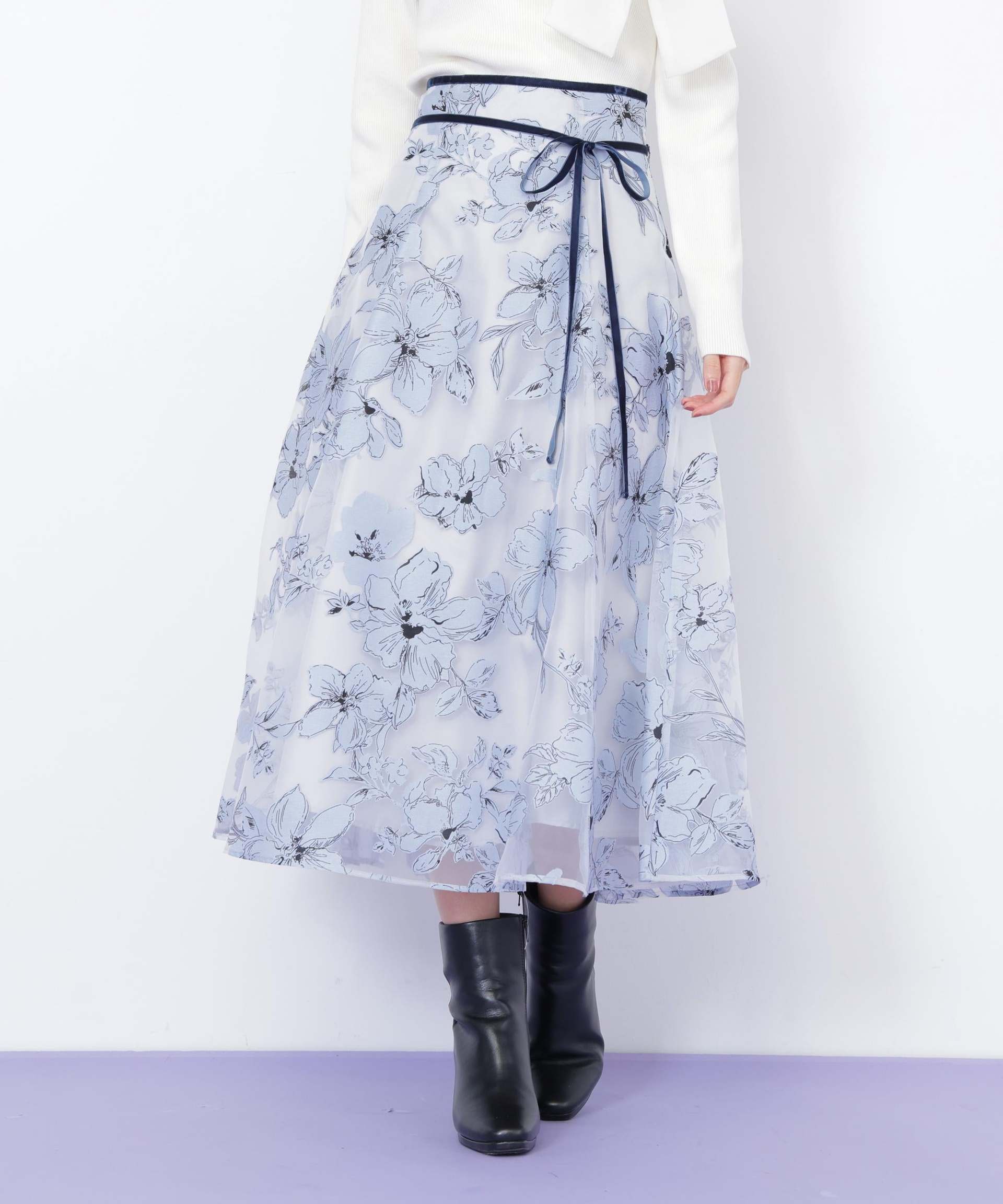 ベロアリボンオパールフラワースカート ブルー