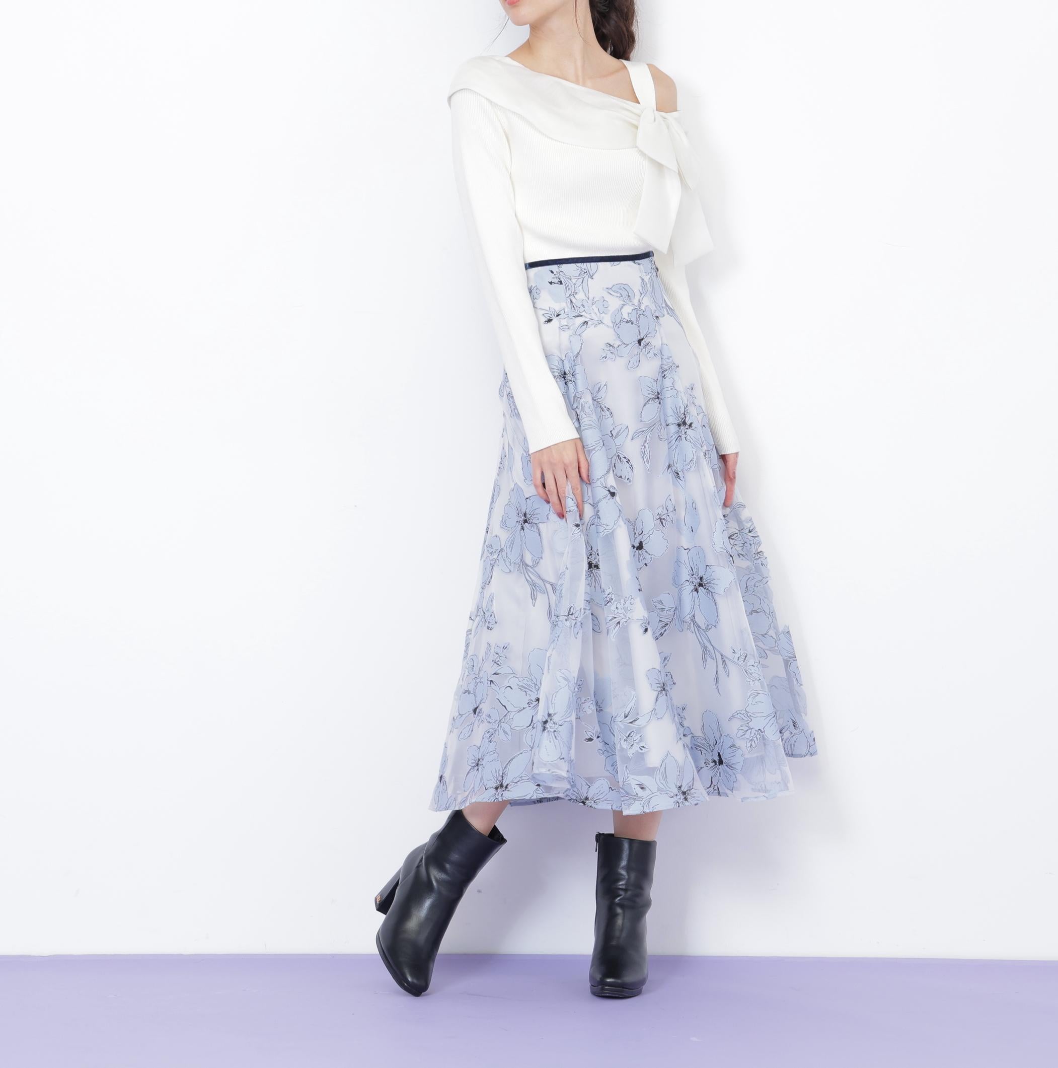 ベロアリボンオパールフラワースカート ブルー