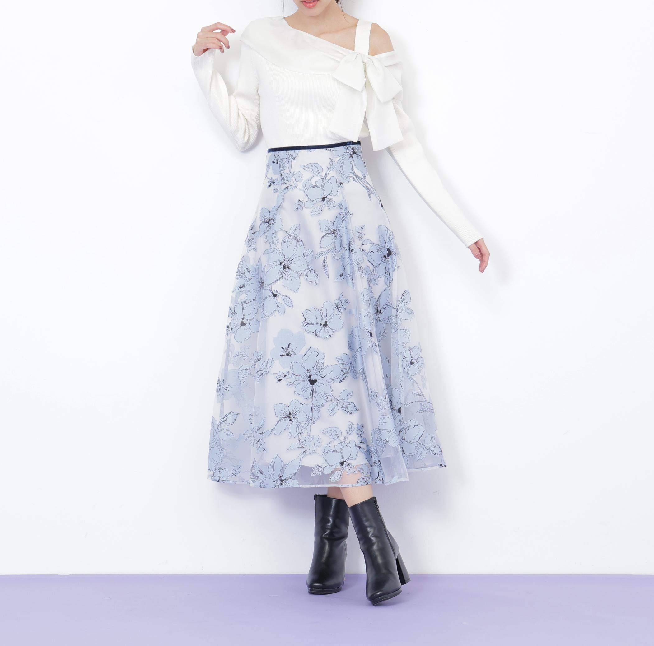 ベロアリボンオパールフラワースカート ブルー