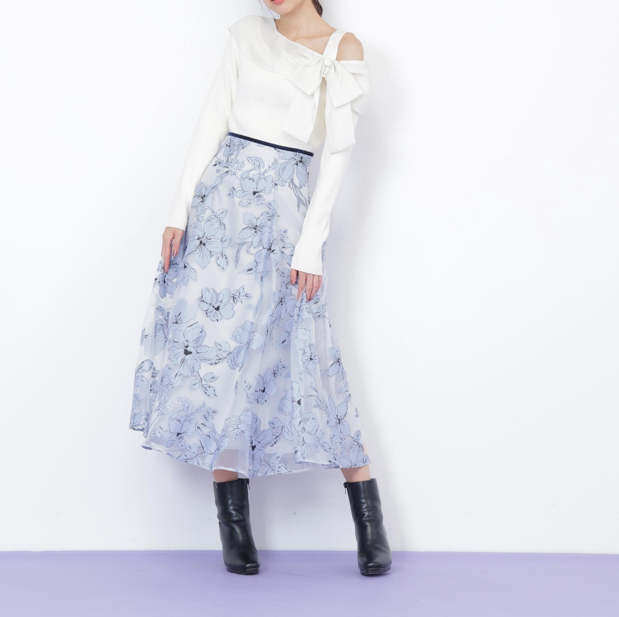 ベロアリボンオパールフラワースカート ブルー
