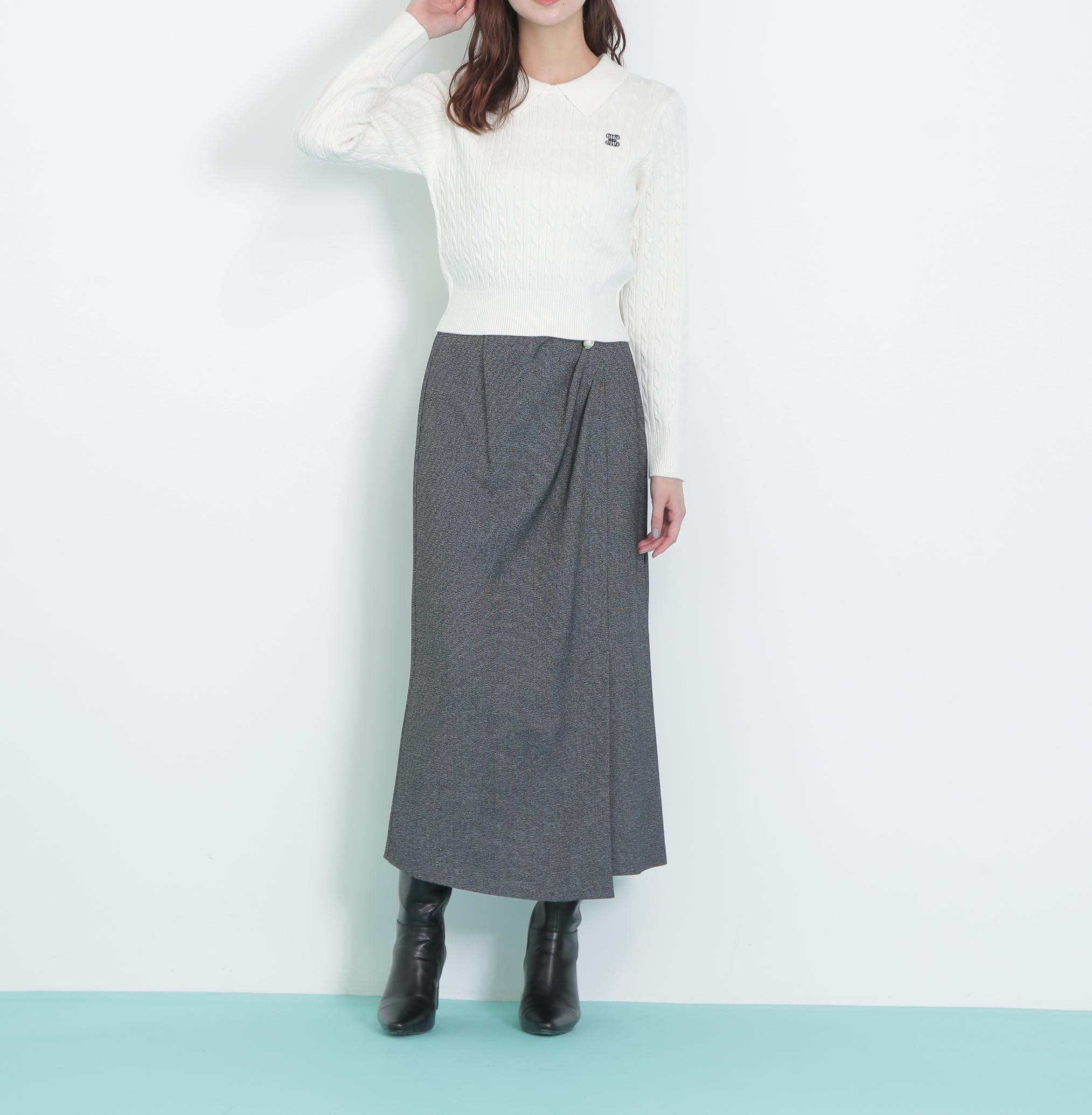 パール釦ラップタイトスカート ブラックミックス1