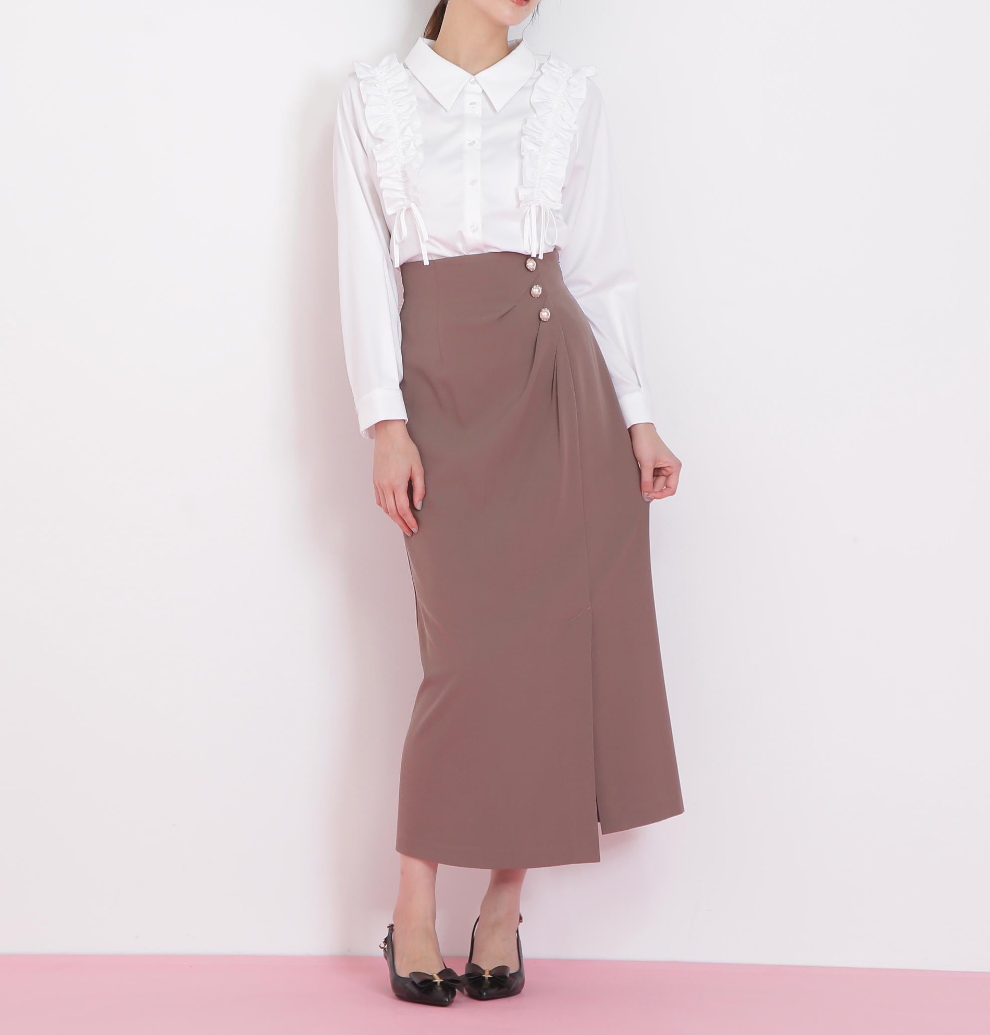 パール釦ラップタイトスカート モカ