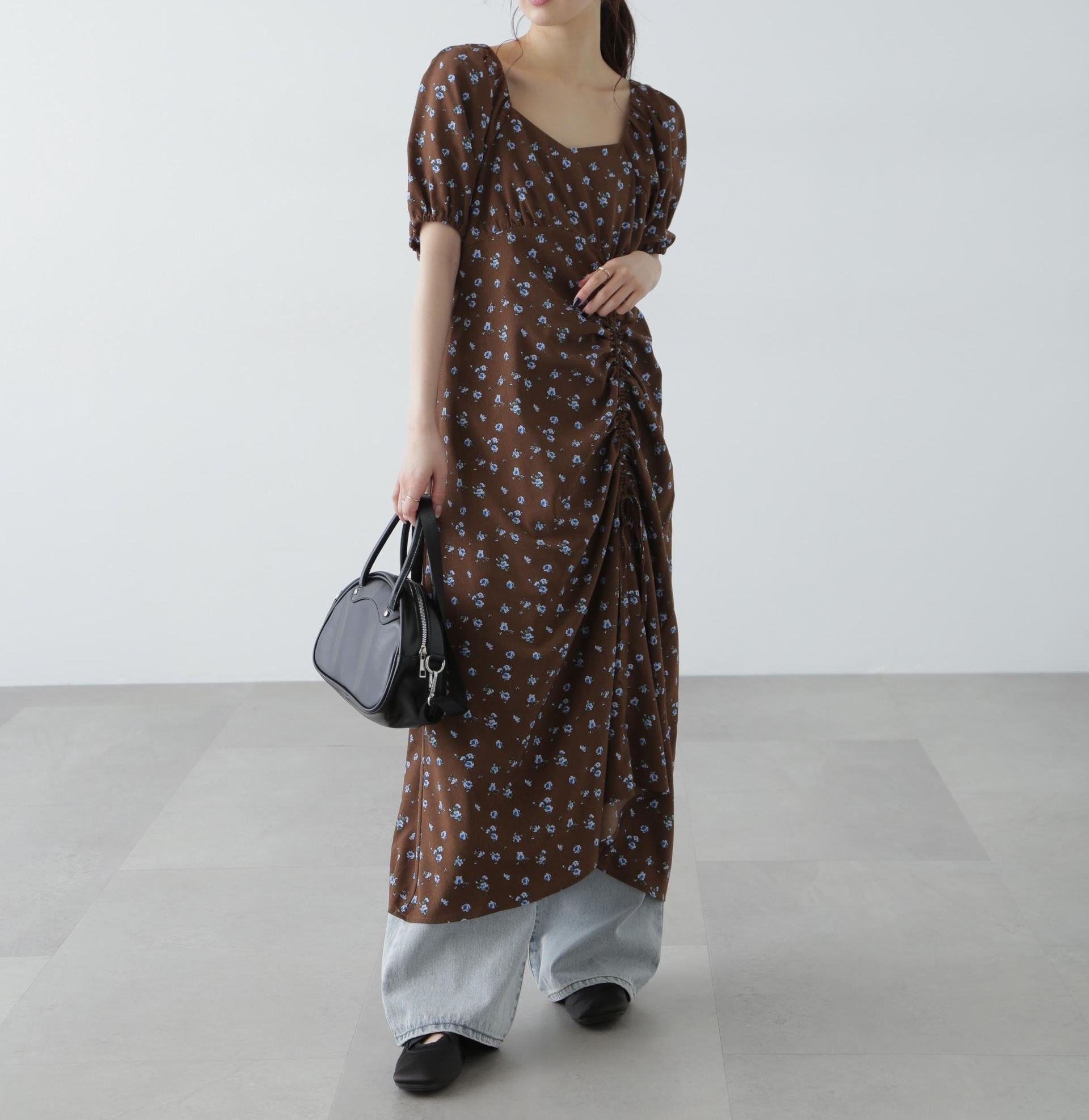 フラワープリントパフスリーブワンピース ブラウン
