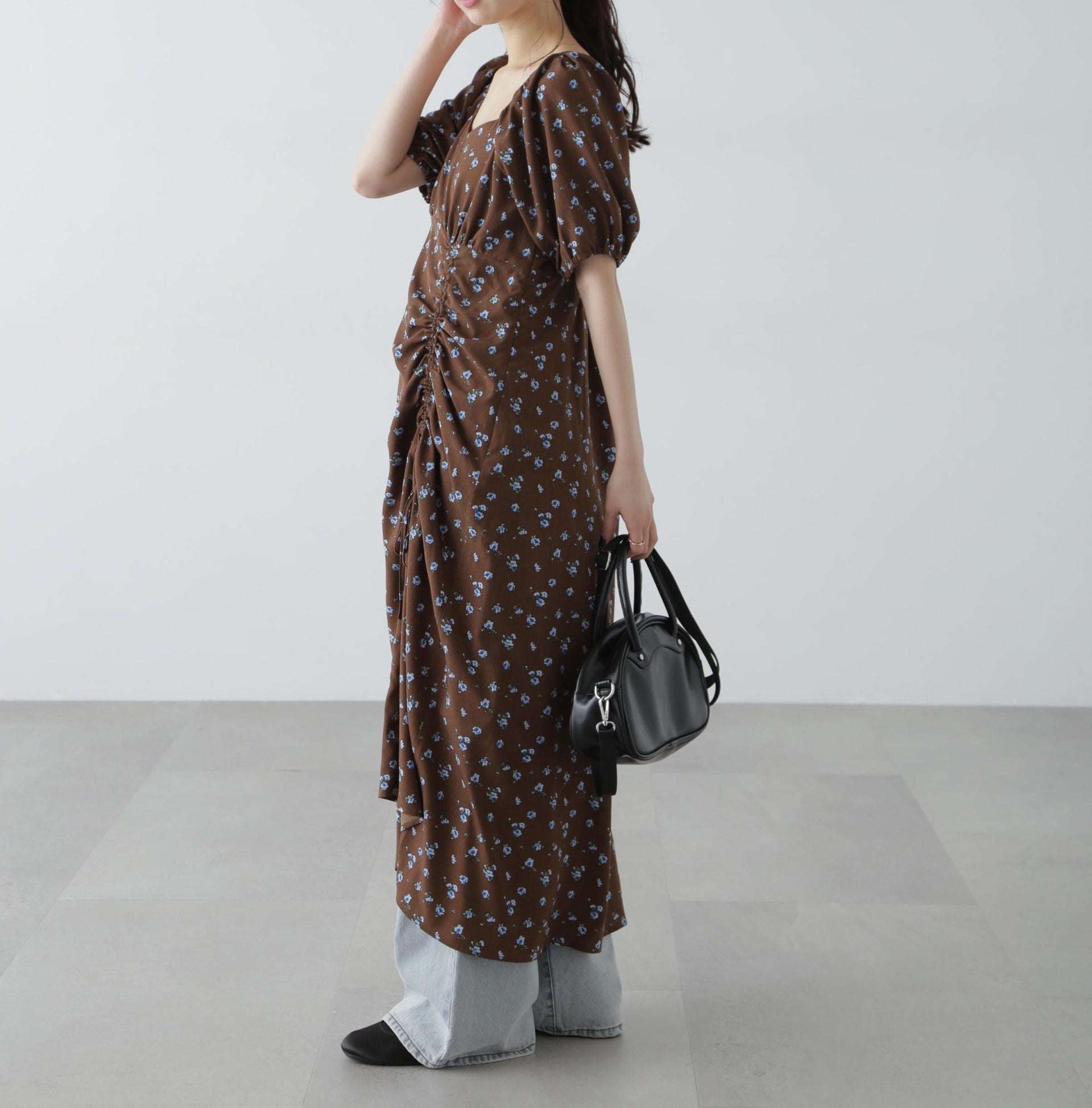 フラワープリントパフスリーブワンピース ブラウン