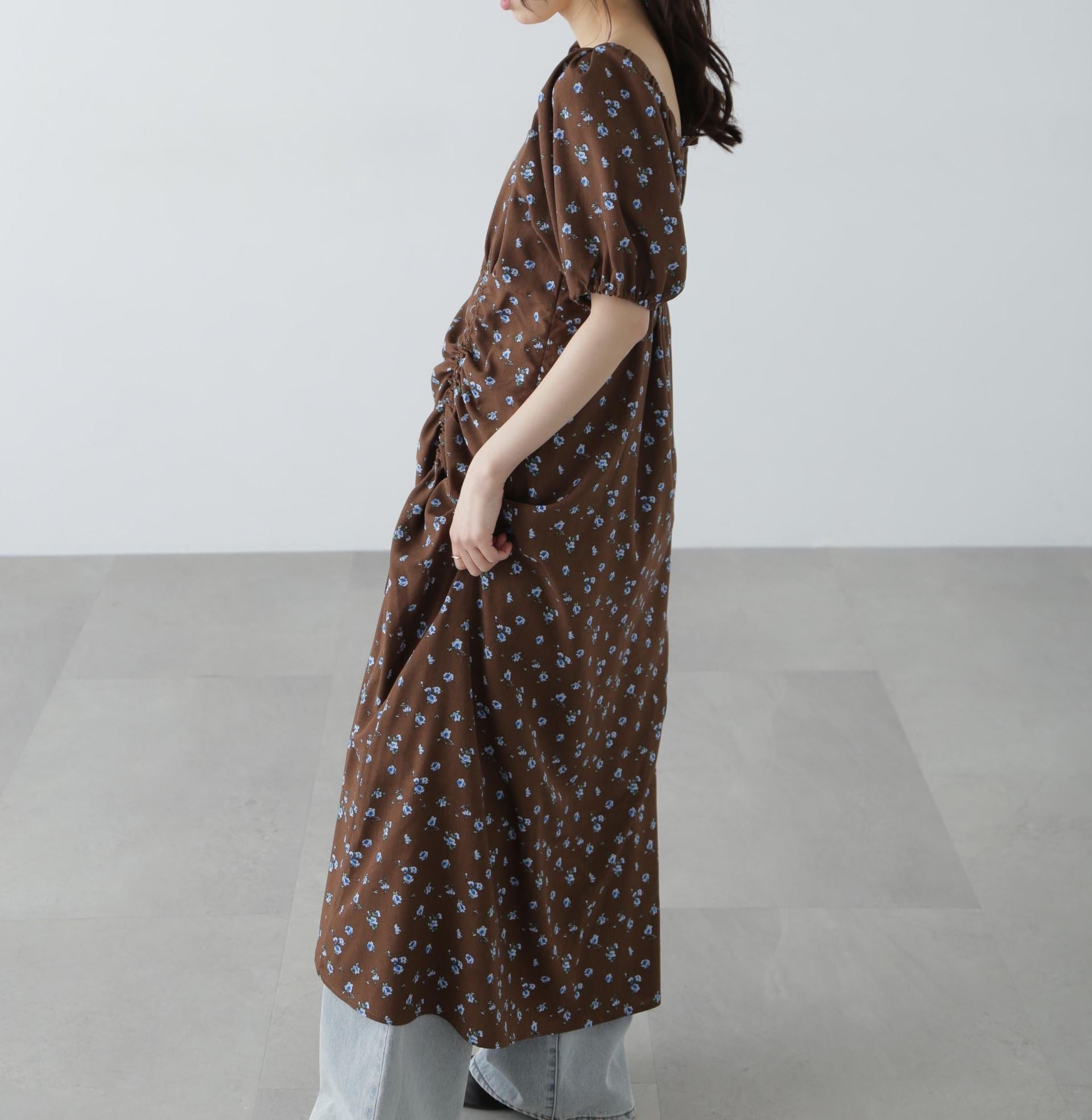 フラワープリントパフスリーブワンピース ブラウン