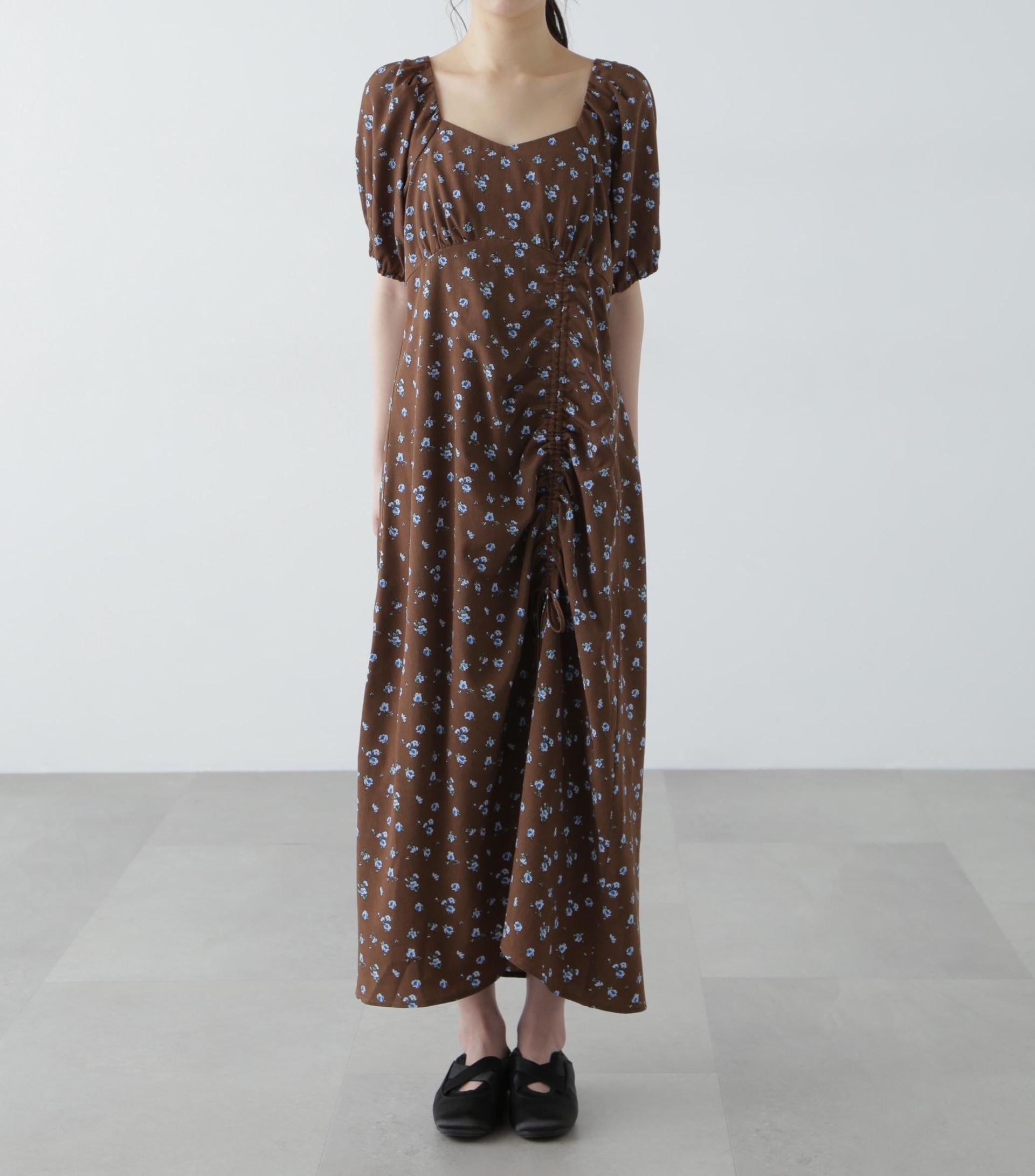 フラワープリントパフスリーブワンピース ブラウン