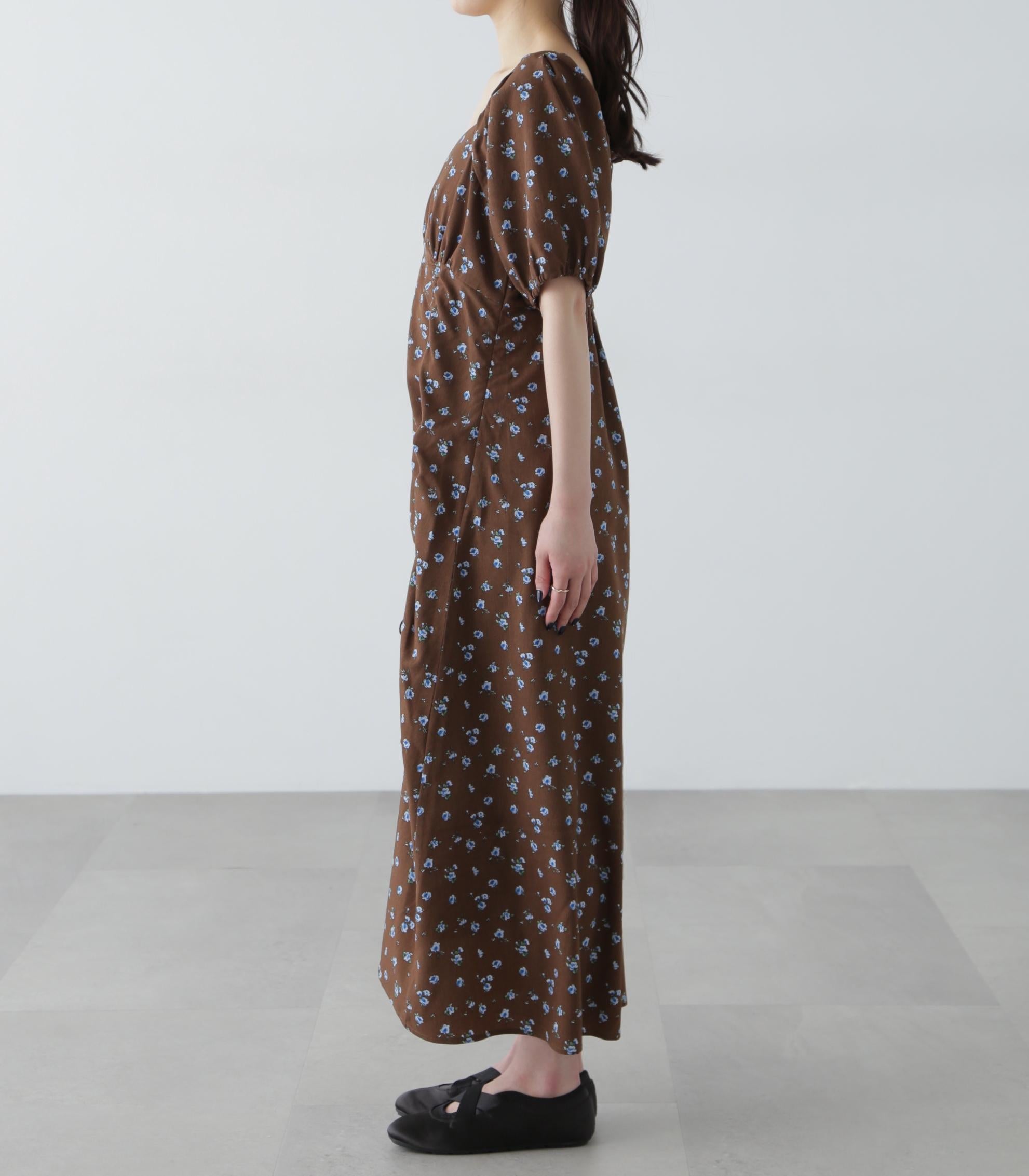 フラワープリントパフスリーブワンピース ブラウン