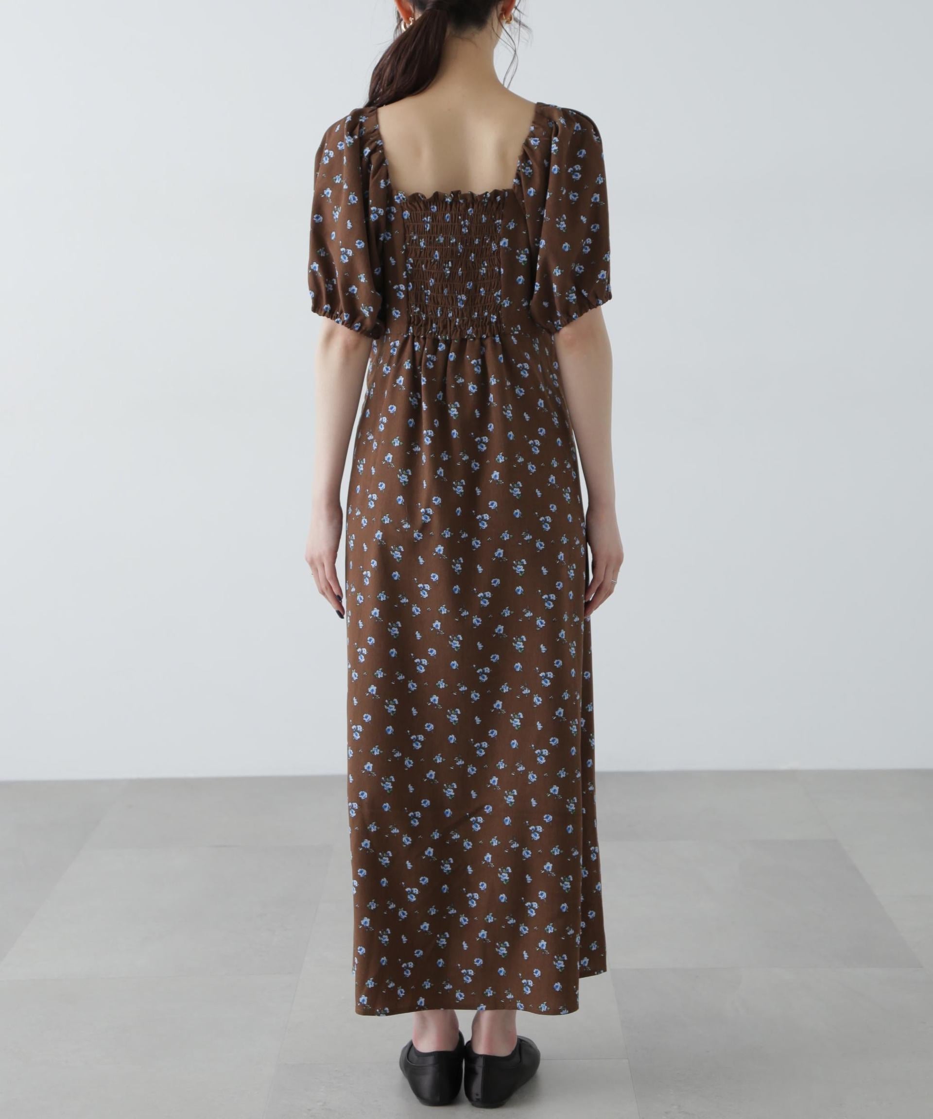 フラワープリントパフスリーブワンピース ブラウン