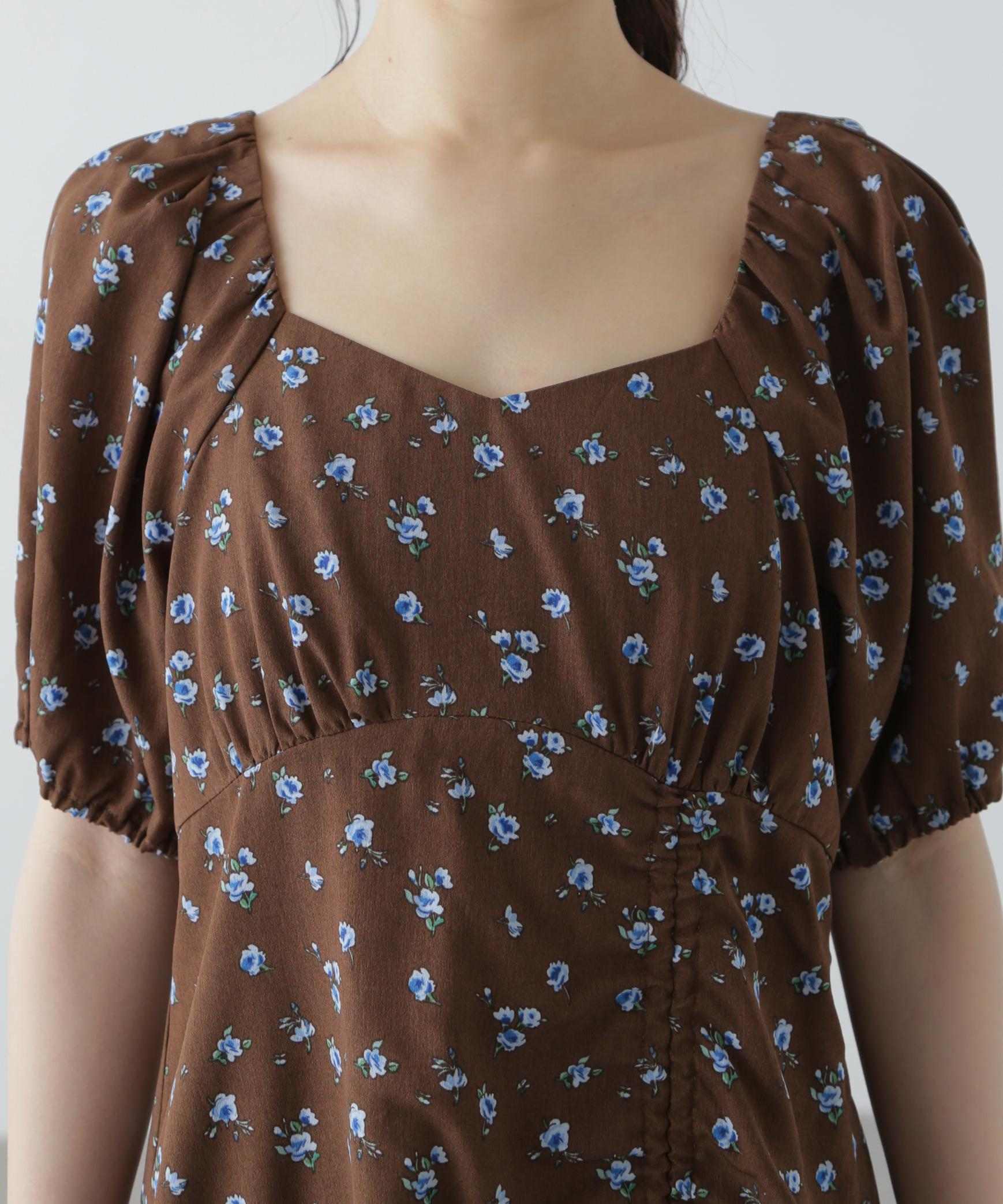 フラワープリントパフスリーブワンピース ブラウン