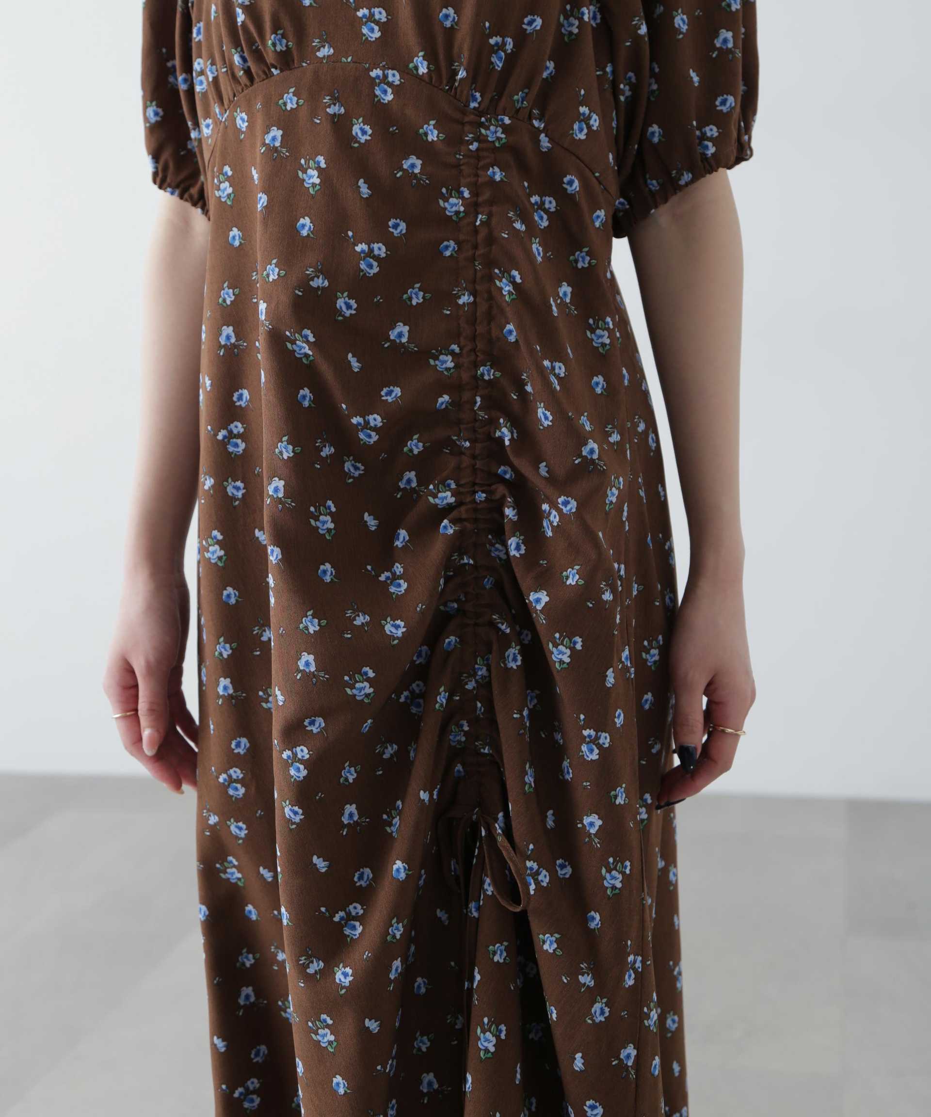 フラワープリントパフスリーブワンピース ブラウン