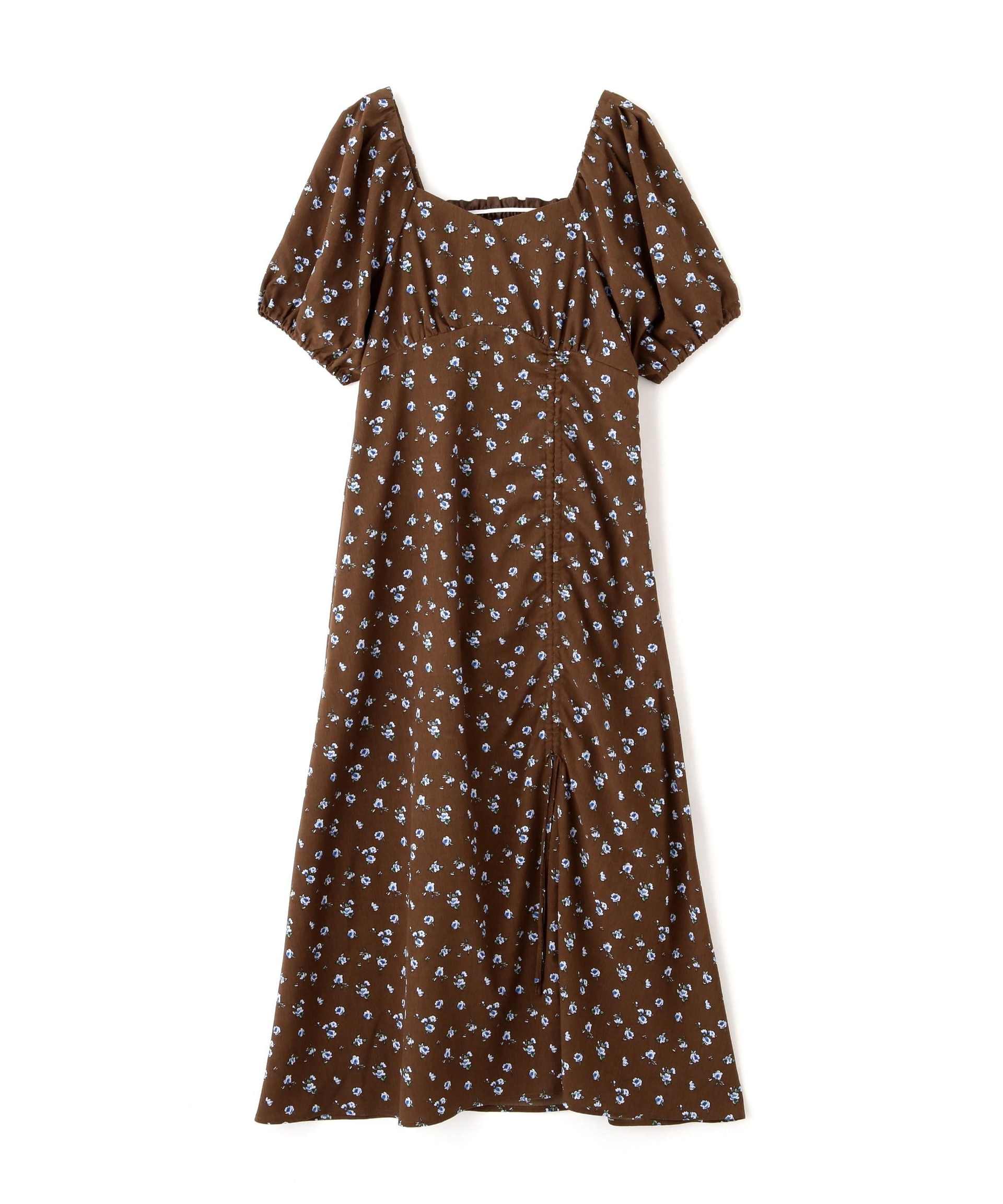 フラワープリントパフスリーブワンピース ブラウン